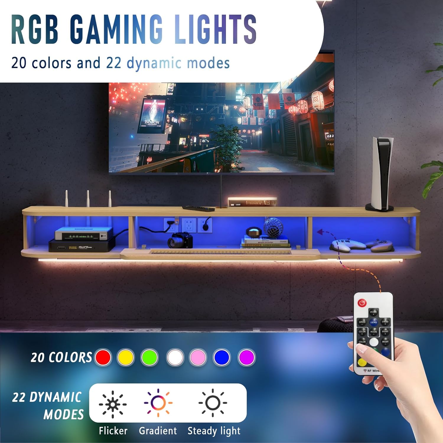 Modern Slim Floating TV Stand Wall Shelf with LED Lights and Glass Door #color_light oak