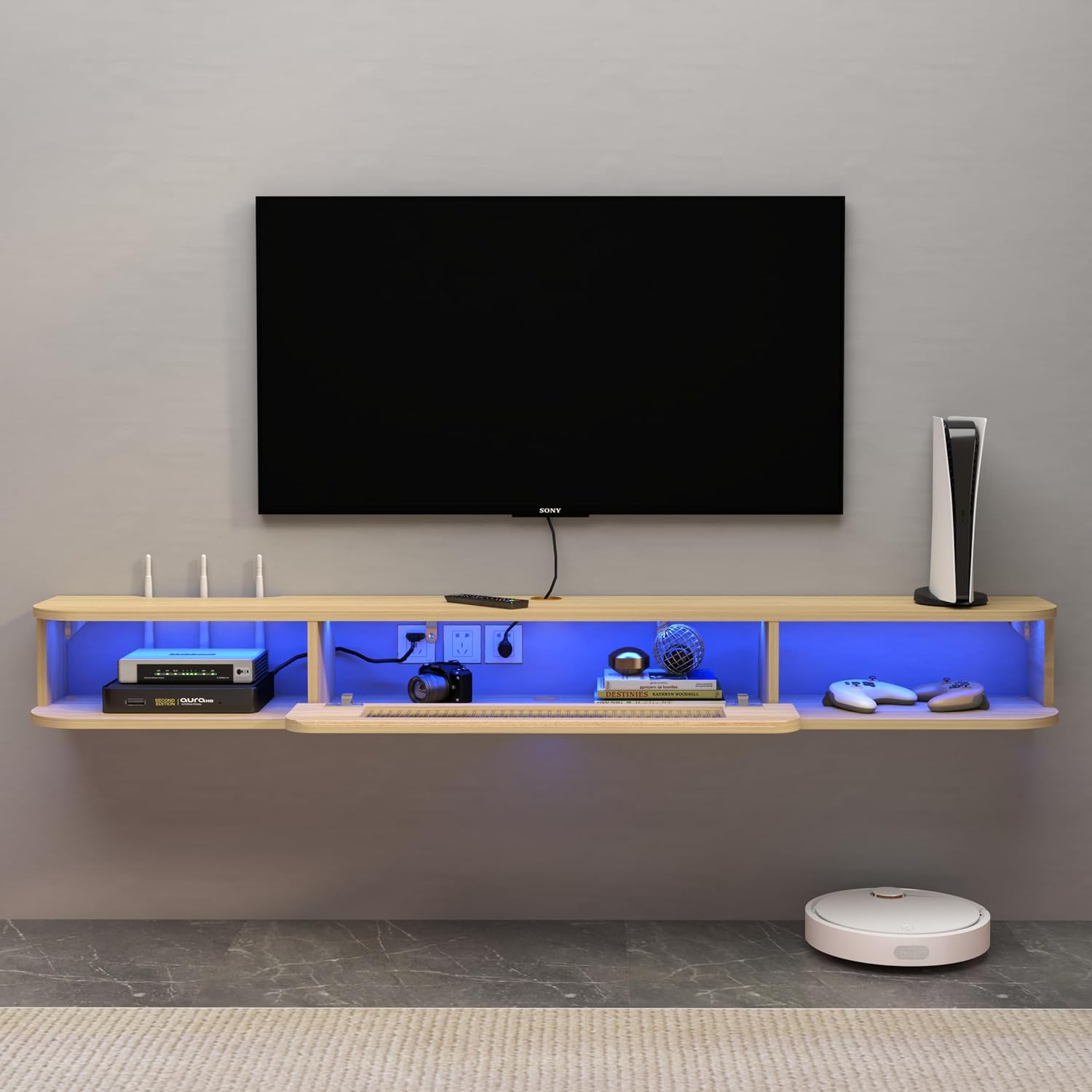 Modern Slim Floating TV Stand Wall Shelf with LED Lights and Glass Door #color_light oak