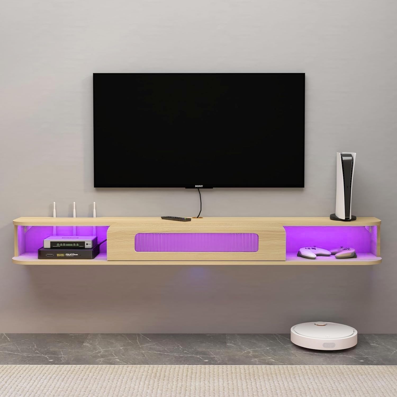 Modern Slim Floating TV Stand Wall Shelf with LED Lights and Glass Door #color_light oak