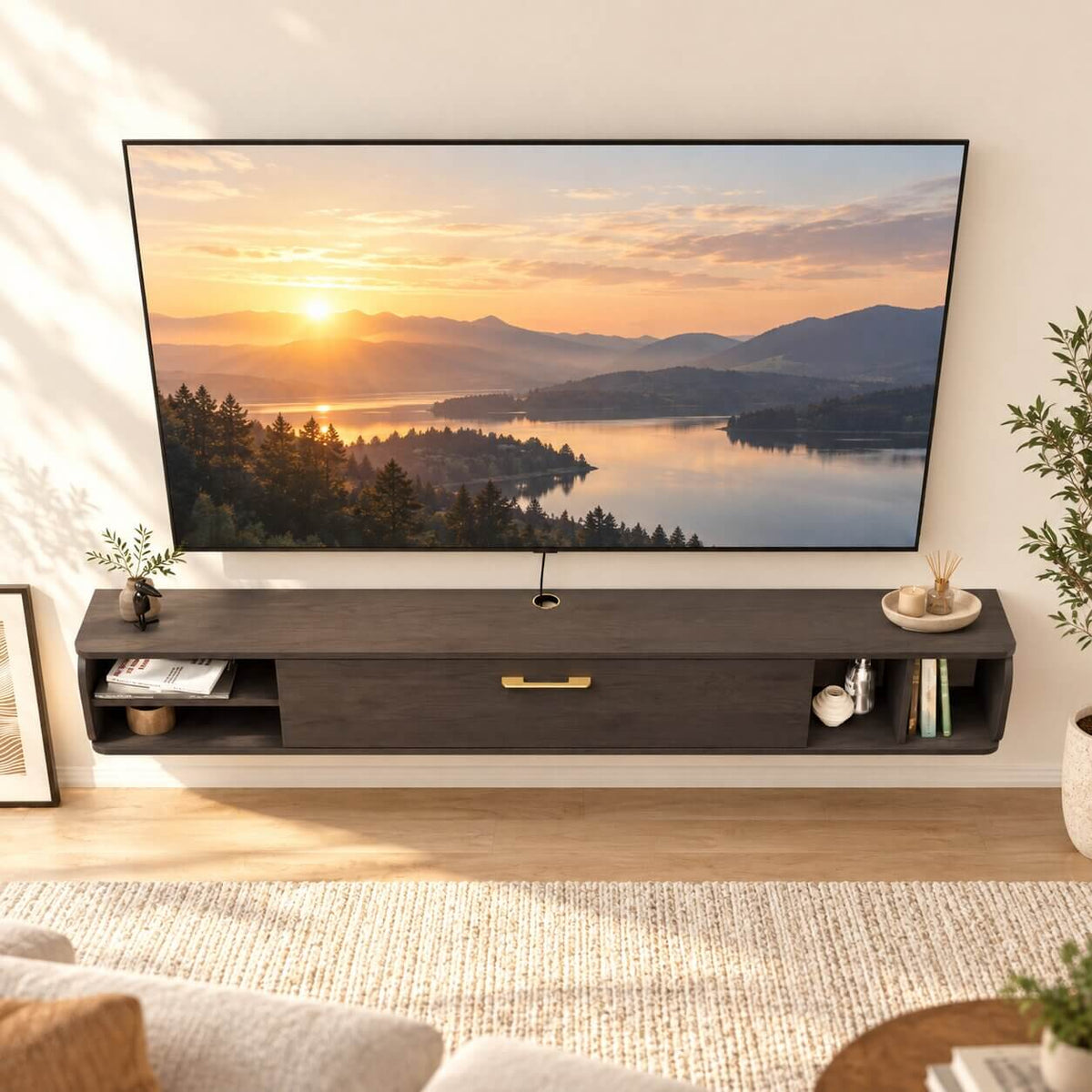 76" Prima Floating TV Stand, Rustic Grey