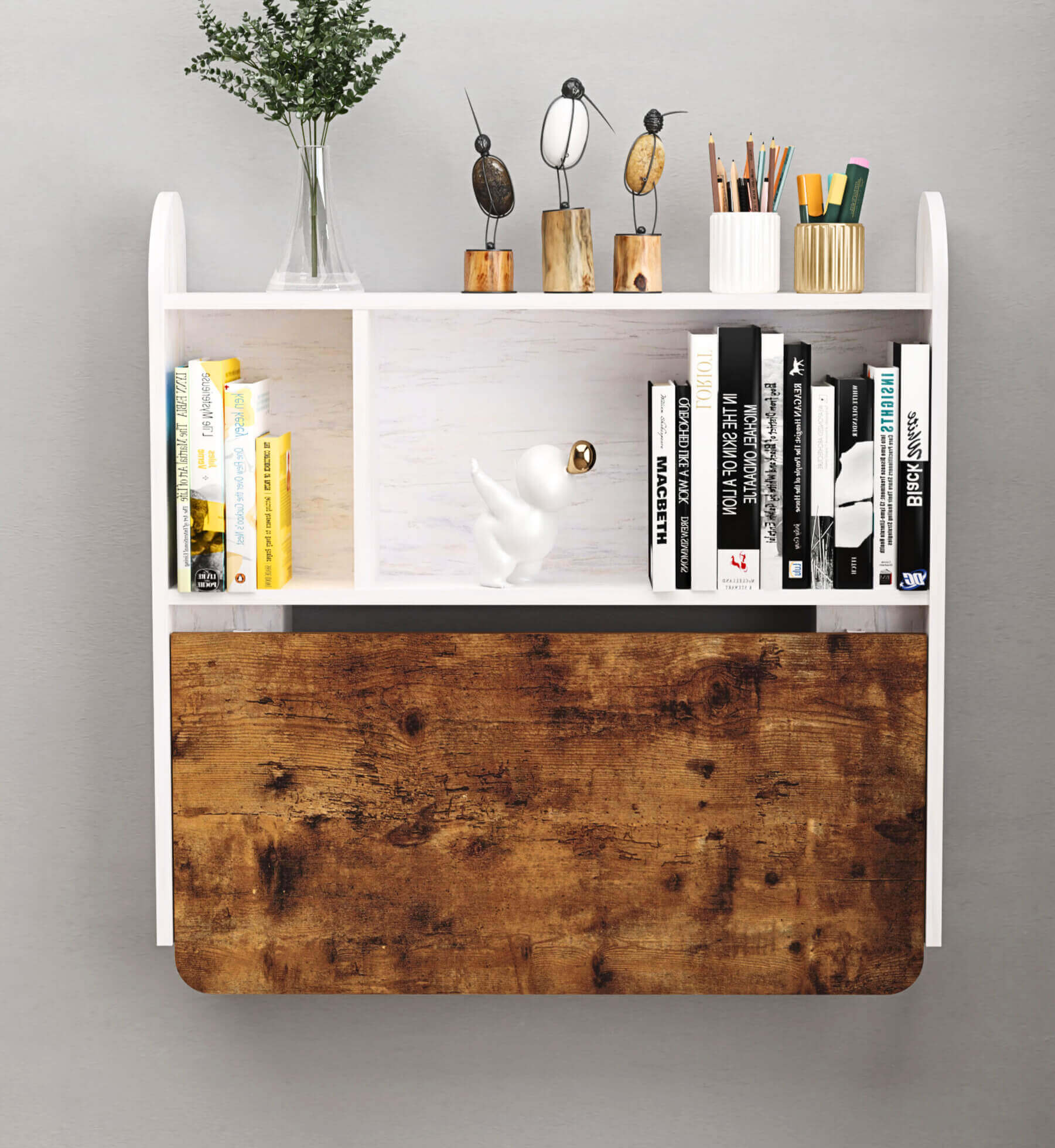 Rustic Brown Wood Wall Mounted Fold Down Desk with Storage Shelf, 33.07"W 31.7"H