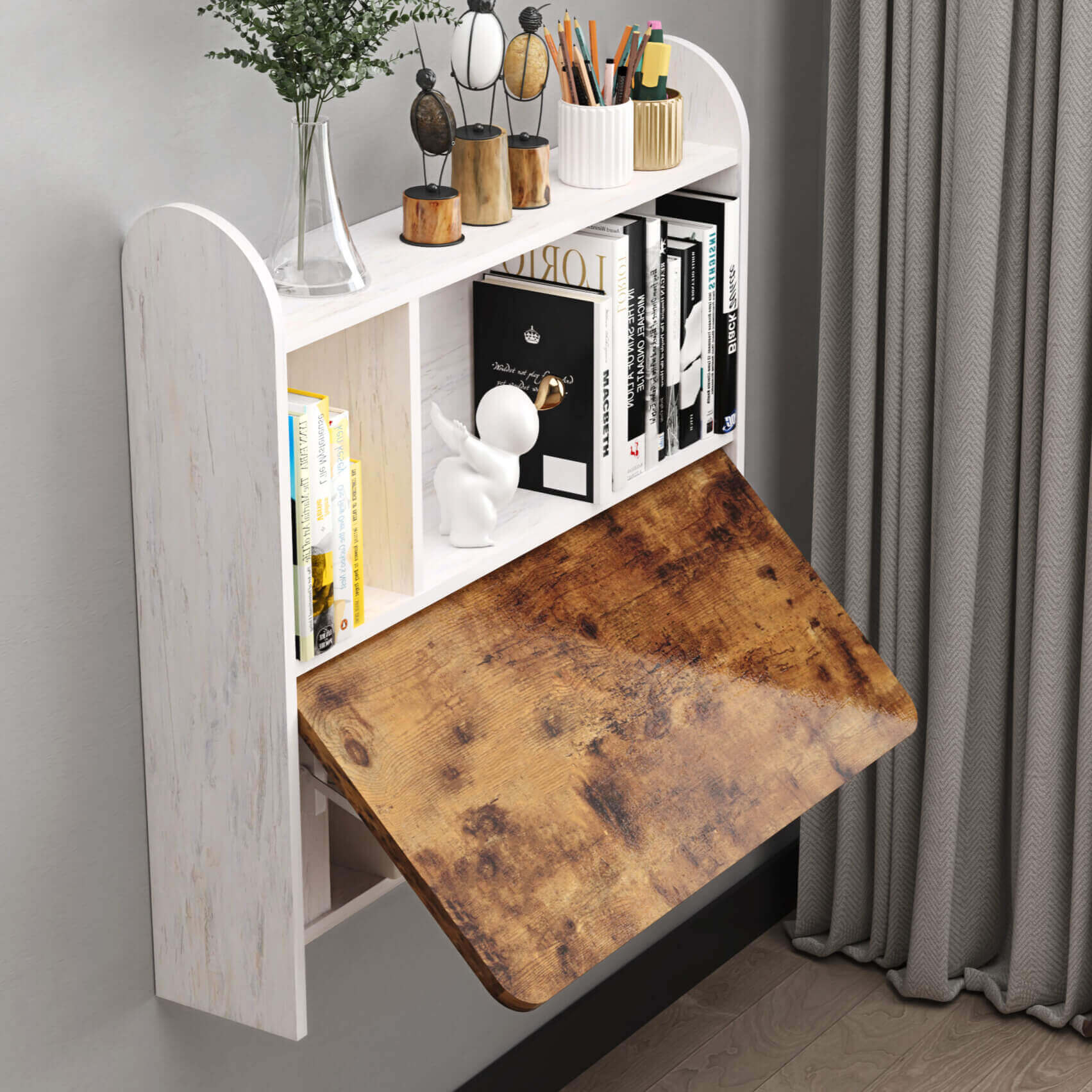 CLEARANCE Rustic Brown Wood Wall Mounted Fold Down Desk with Storage Shelf, 33.07"W 31.7"H