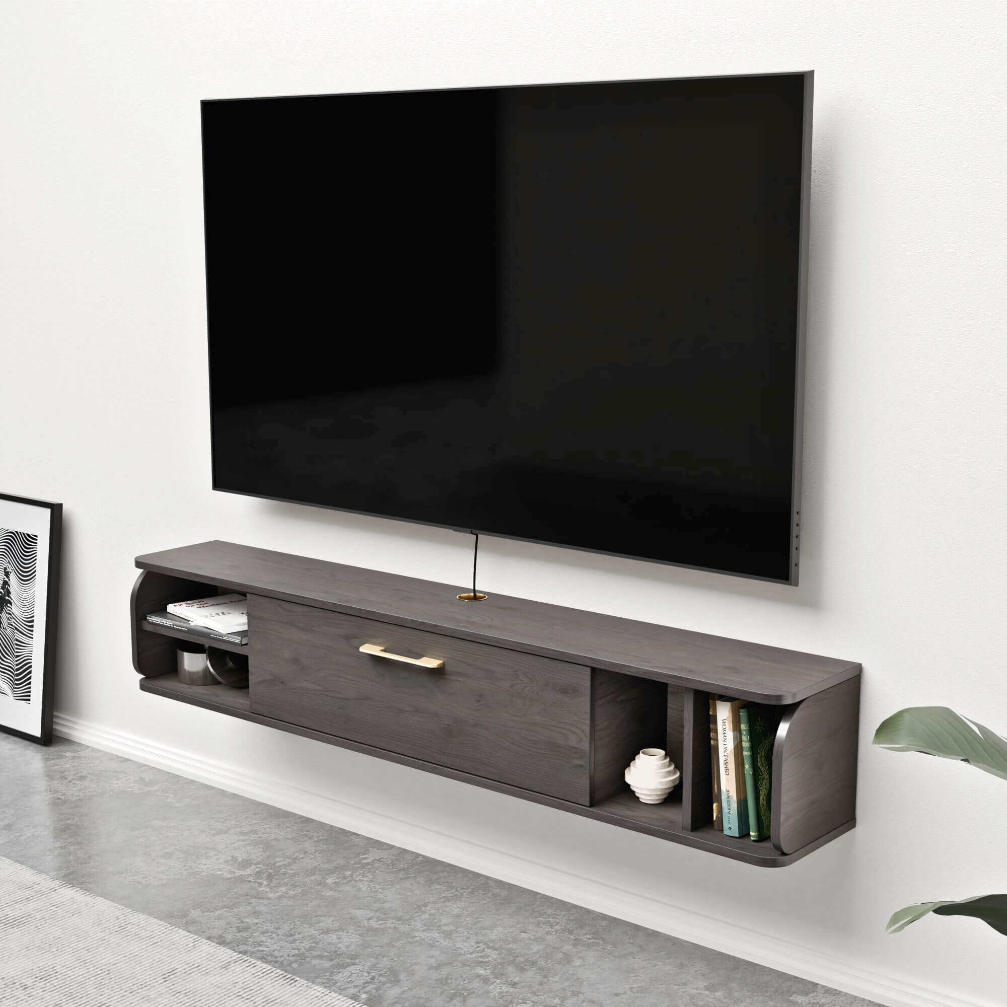 Small Floating Entertainment Center under 55” 60” TVs, Wooden Wall Shelf for Cable Box, Game Consoles, DVD Player, Sound Bar, AV