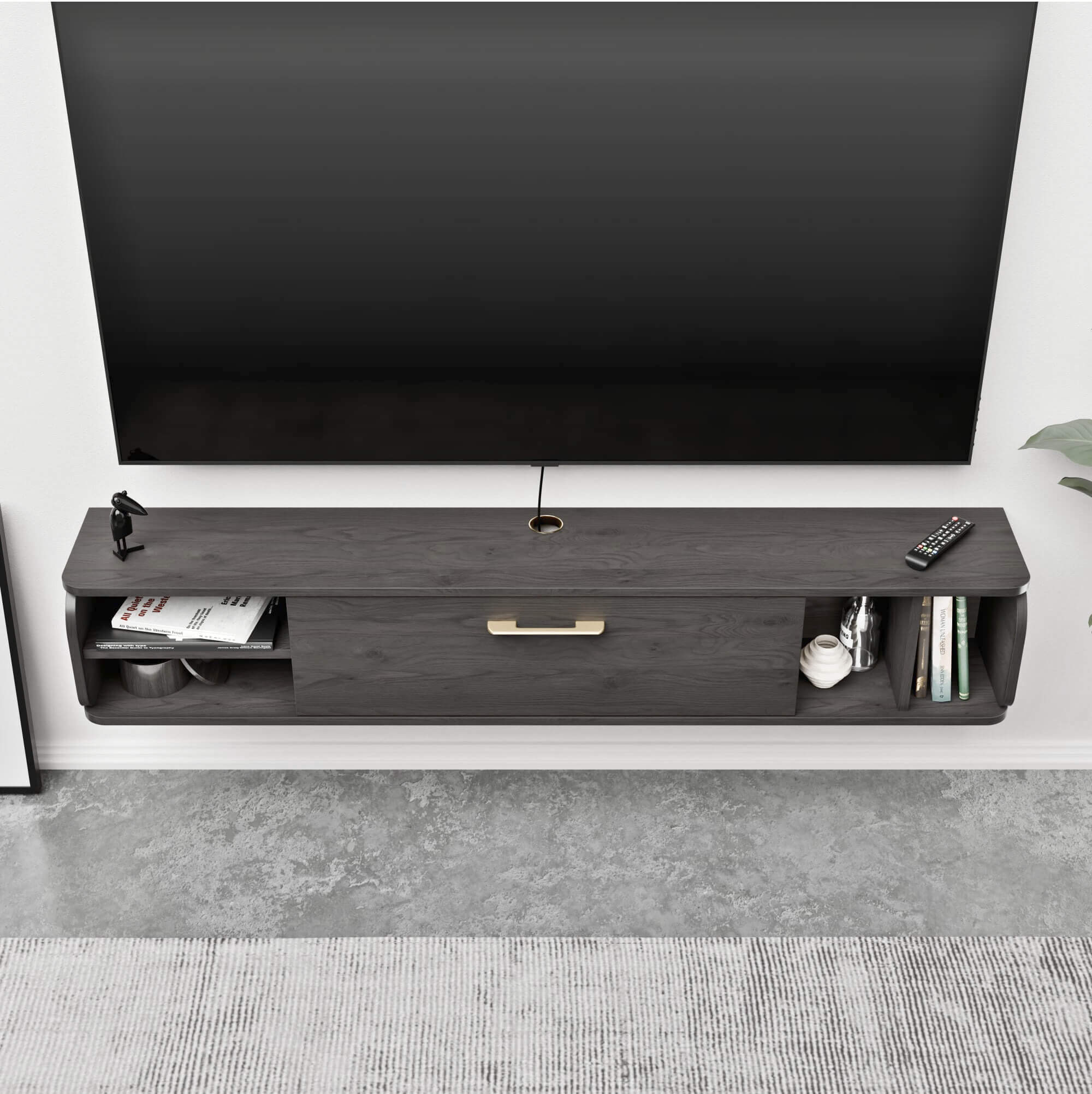 9.33” Narrow Space Saving Floating TV Shelf for 55” 60” Televisions, Small Living Room TV Wall Shelf with Door Storage, Dark Gray
