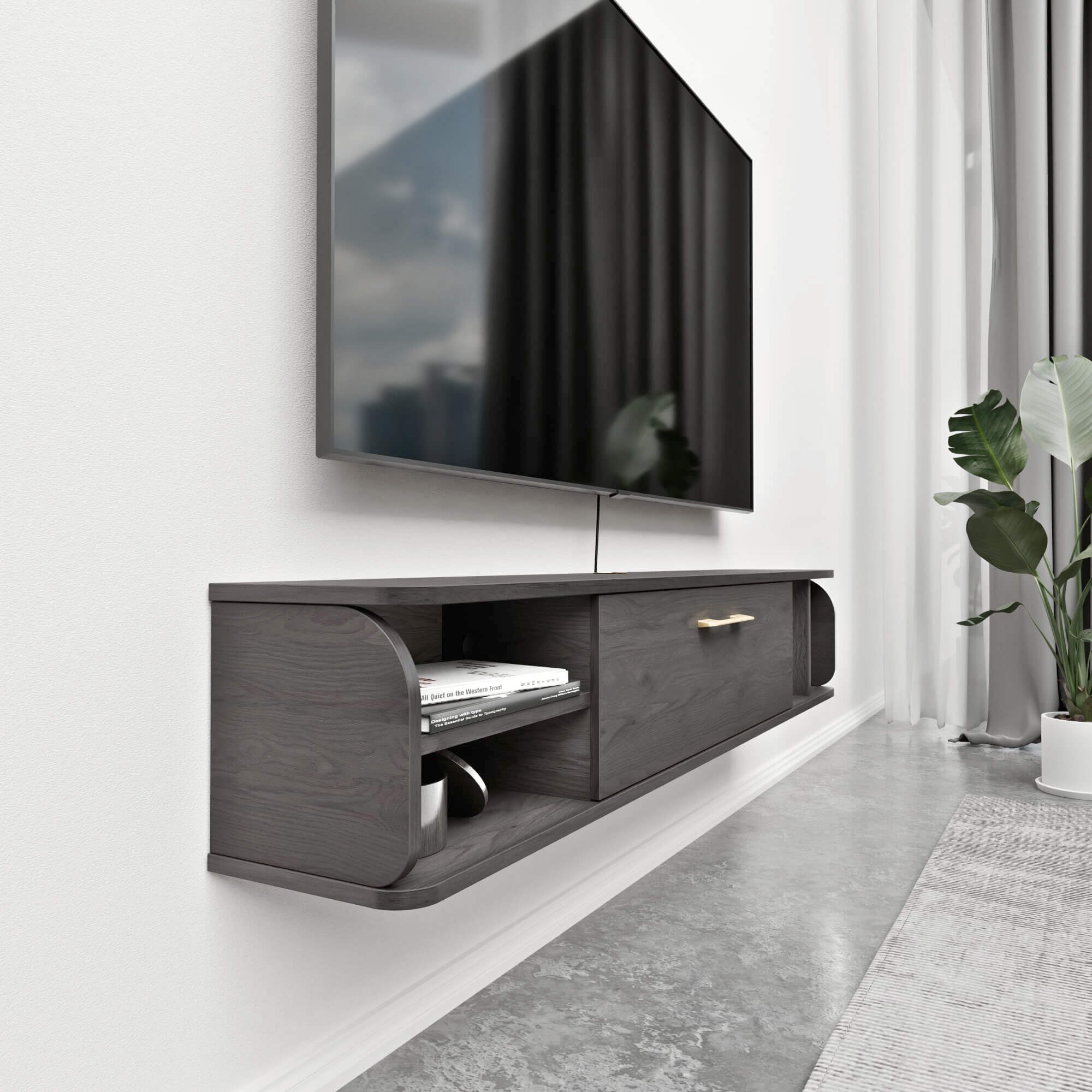 Rustic Dark Grey Wood Floating TV Stand for 55” 60” Televisions, Modern Media Shelf for Wall Mounted TV with Door Storage