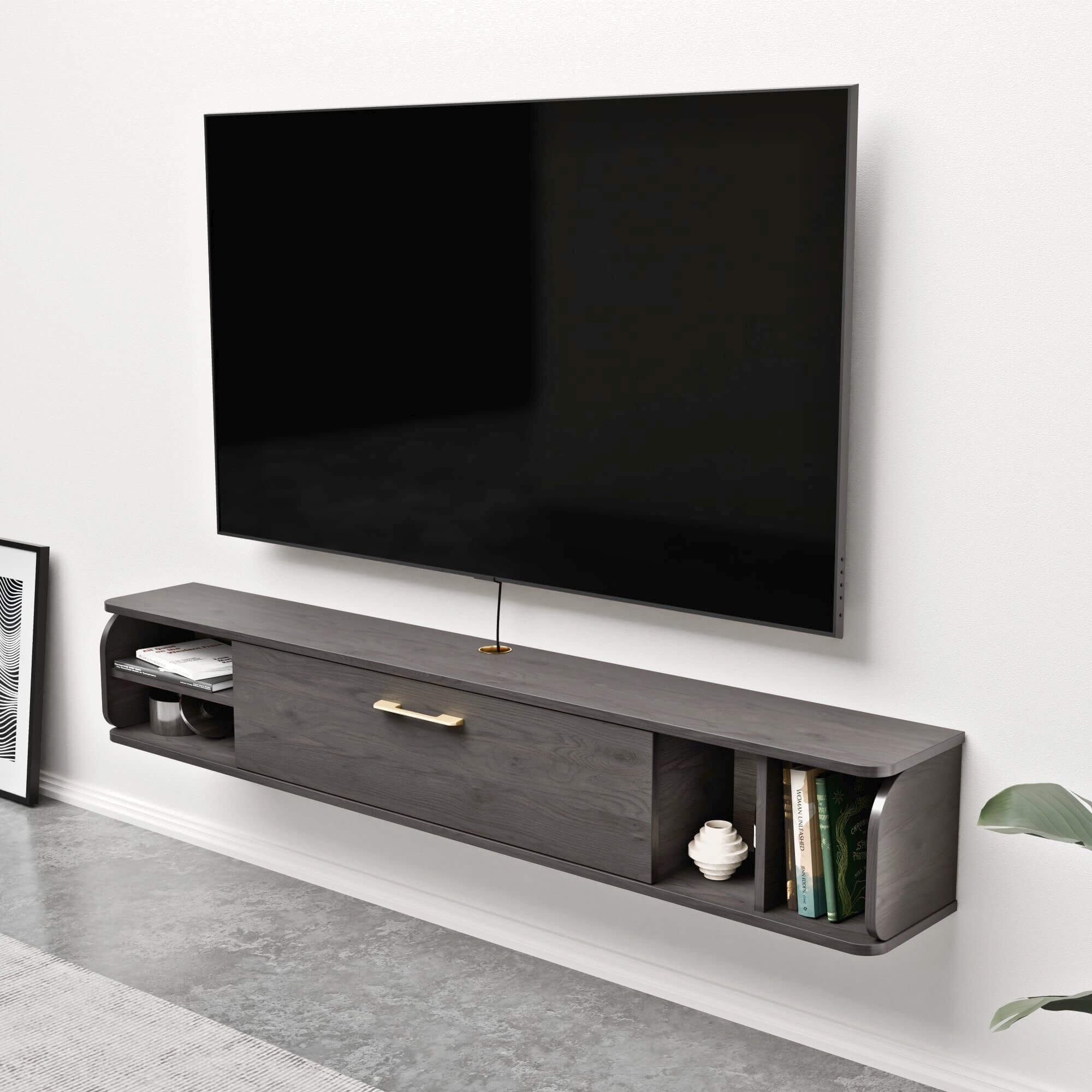 Grey Floating TV Cabinet for 70” 75” TV, Under TV Shelf for Wall-Mounted Flat Screen