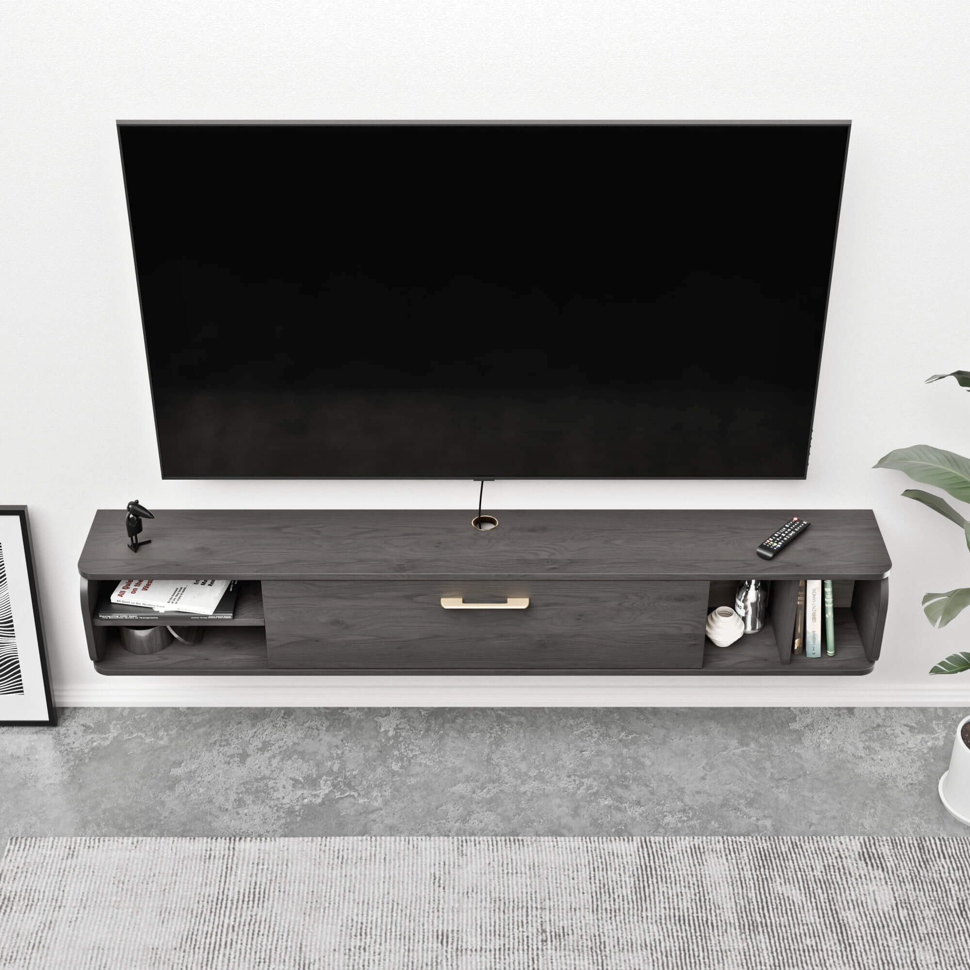 67 inch Wooden Floating Media Shelf for Cable Box, Game Consoles, DVD Player, Sound Bar, AV Receivers