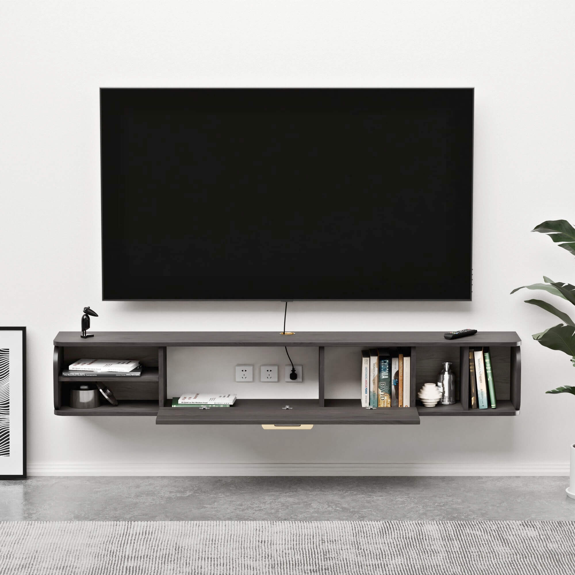 Grey Wood Floating Media Console with Cable Management to Hide TV Wires, Space-saving TV Stand for Living Room, Bedroom