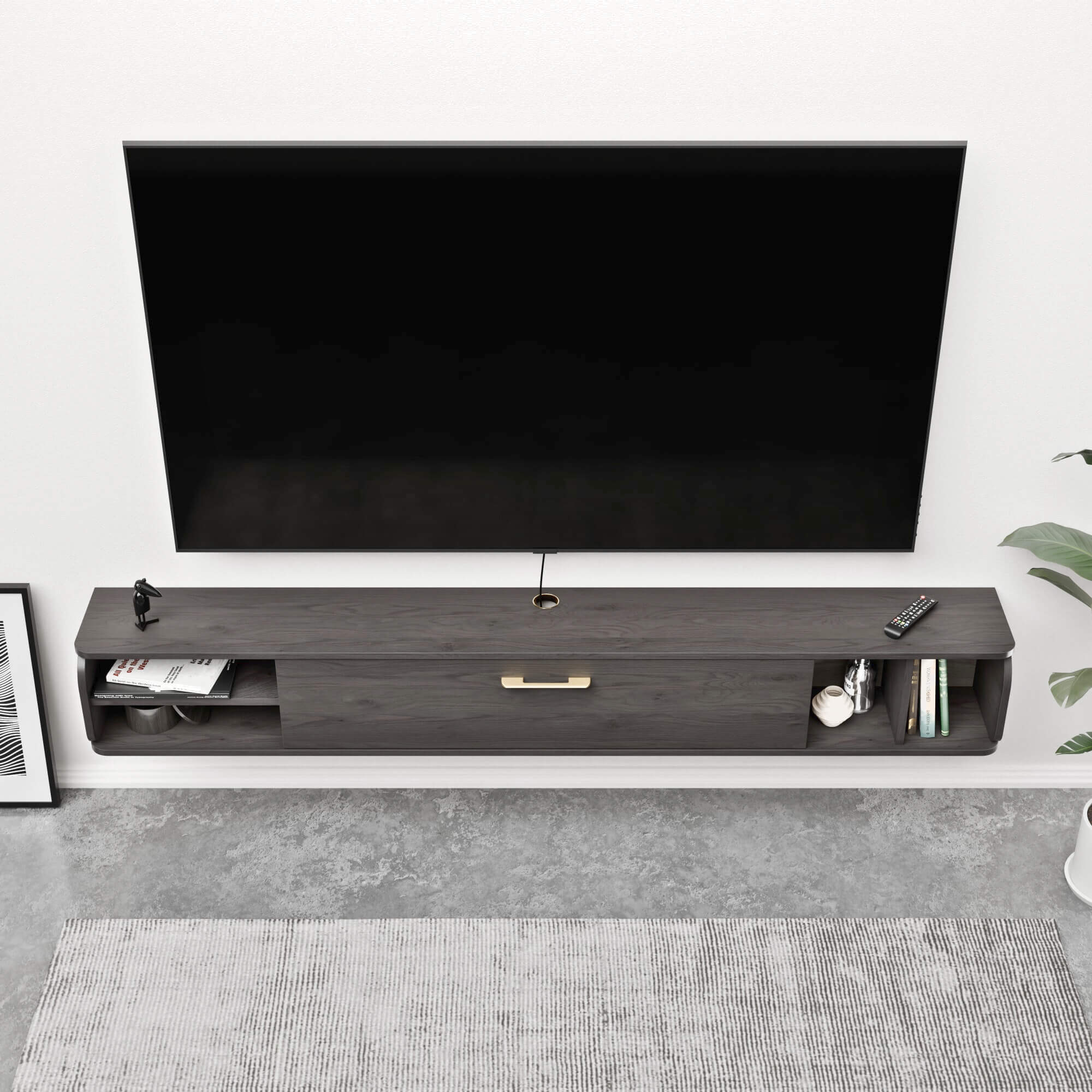 Rustic Grey Floating TV Cabinet for 80” TV, Wall-Mounted TV Stand for Living Room Large TV