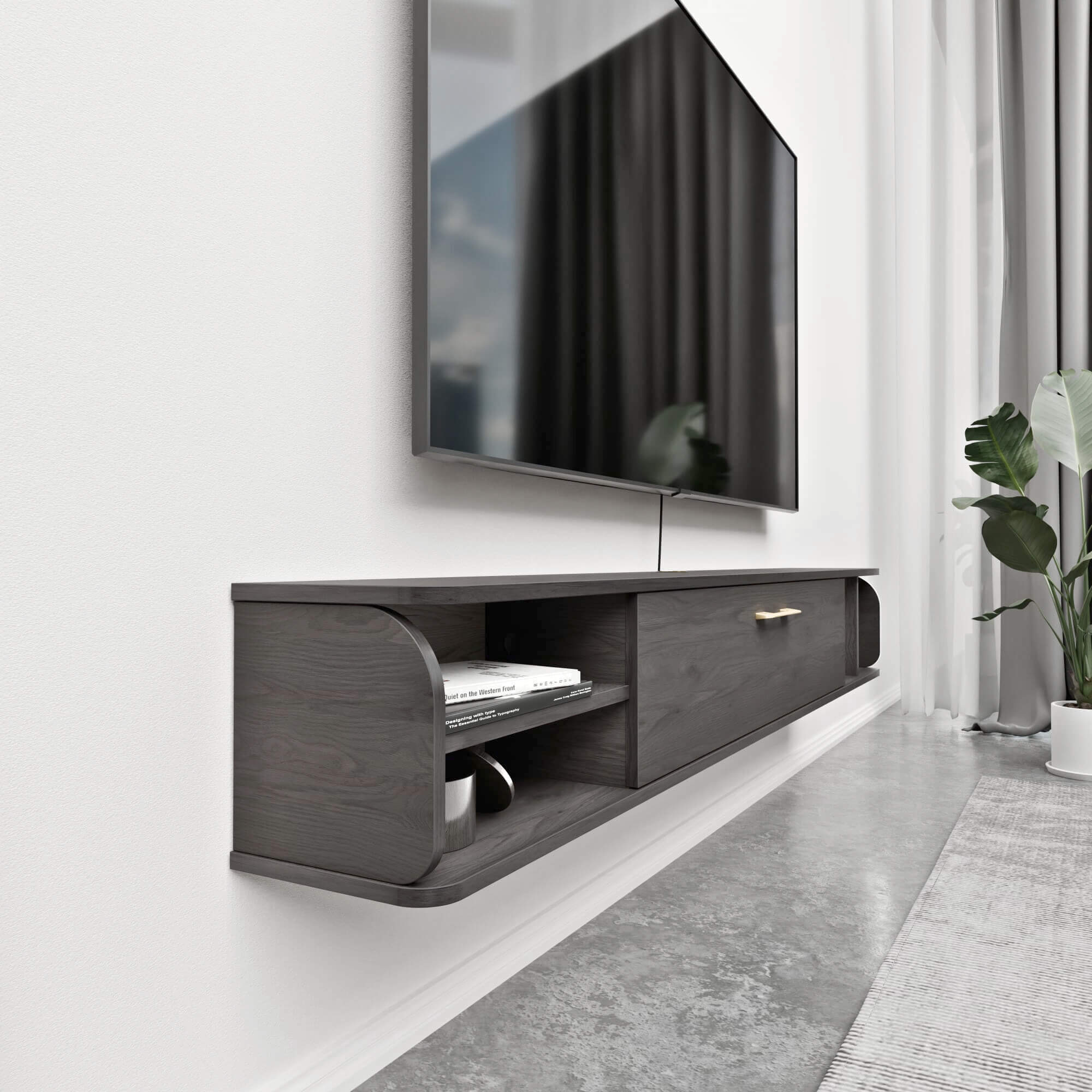 Charcoal Grey Floating TV Shelf for 80” TV, Low-profile TV Stands for Small Living Space, 75.98"W x 9.33"D x 10.55"H