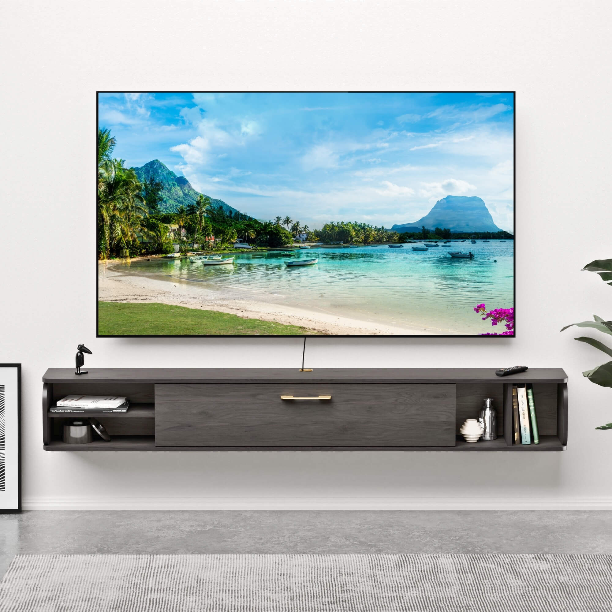 Charcoal Grey Modern Wood Floating TV Stand for 80” Flat Screen TV with Adjustable Shelves & Flip Down Door