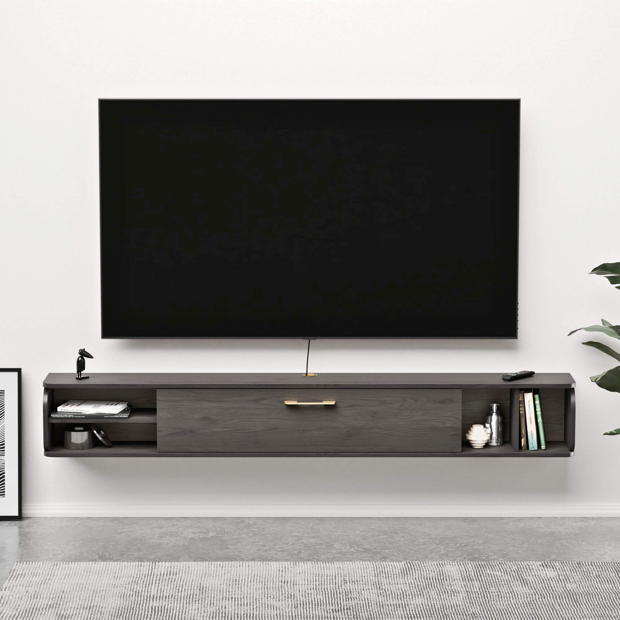 Grey Wood Floating Media Console with Cable Management to Hide TV Wires, Space-saving TV Stand for Living Room, Office, Hotel
