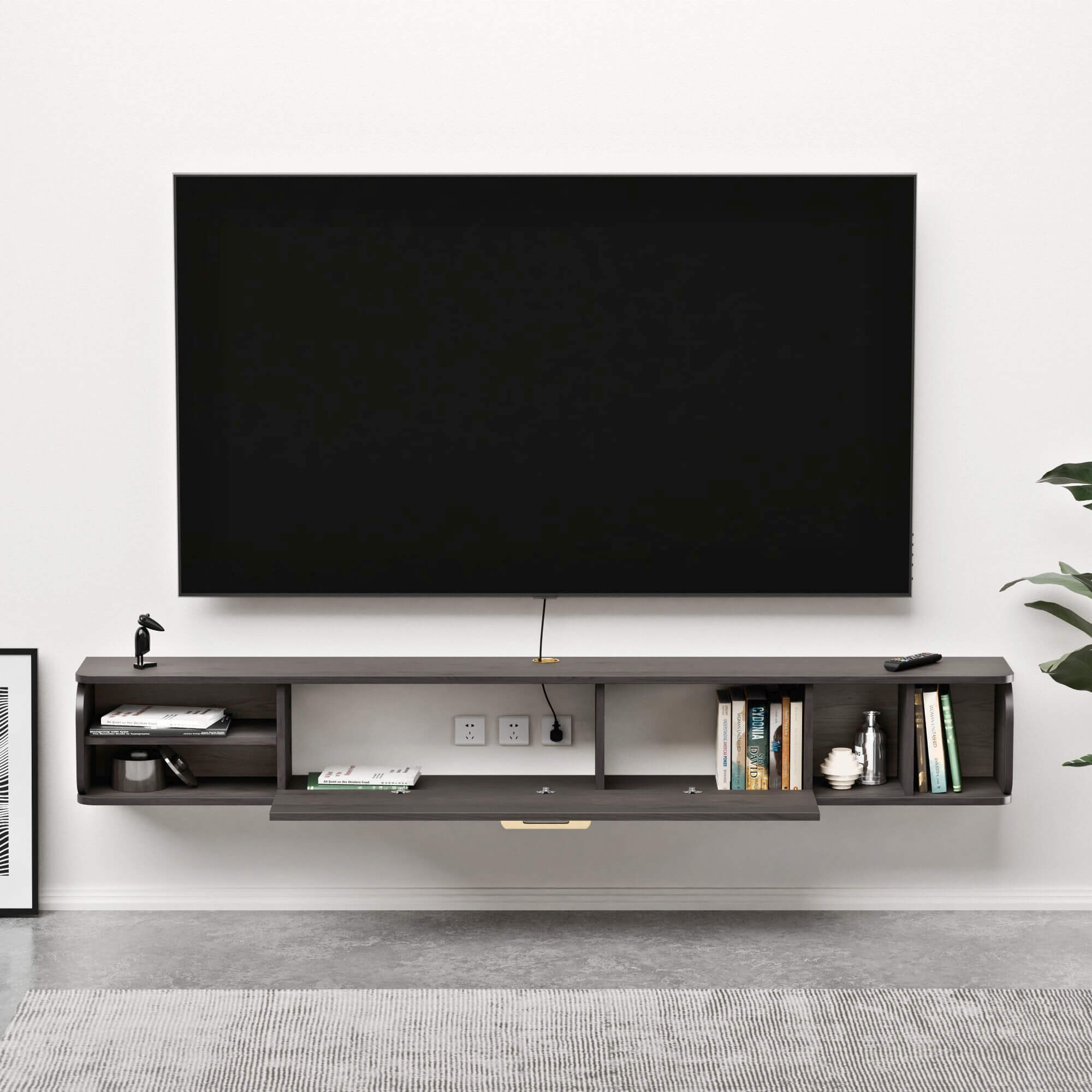 Country Style Dark Grey Wooden Floating Entertainment Center for 80” TV, 75.98"W x 9.33"D x 10.55"H