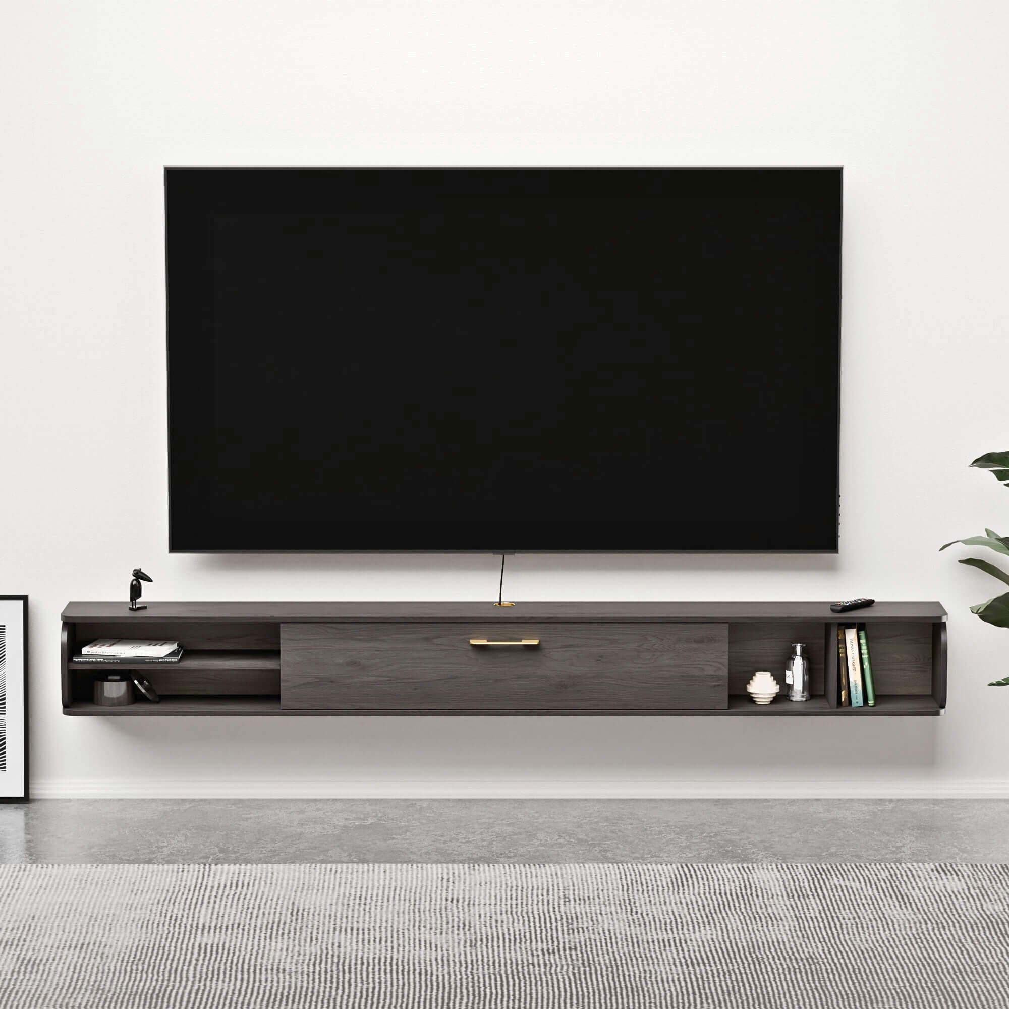 Grey Wood Floating Media Console with Cable Management to Hide TV Wires, Space-saving TV Stand for Living Room, Office, Hotel