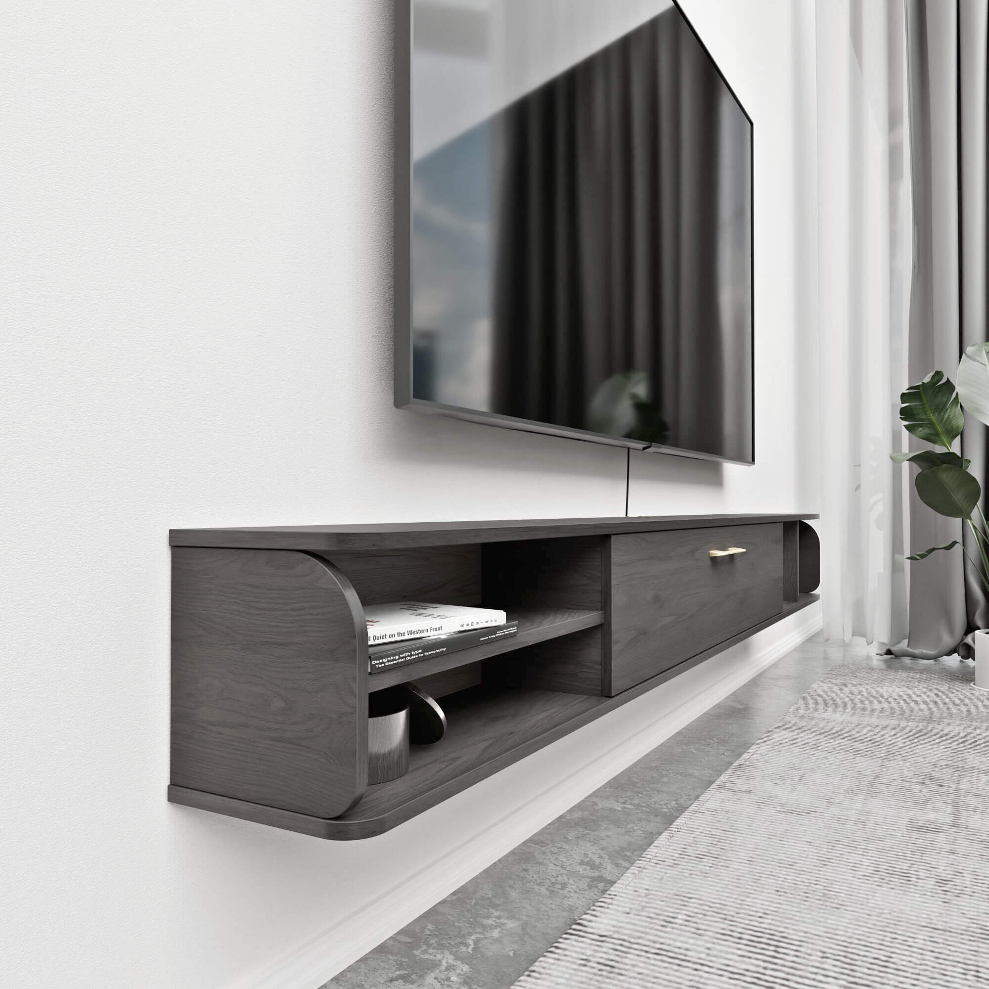 Charcoal Grey Floating TV Shelf for 90-100 inch TV, Low-profile TV Stands for Living Space,94.48"W x 9.33"D x 10.55"H