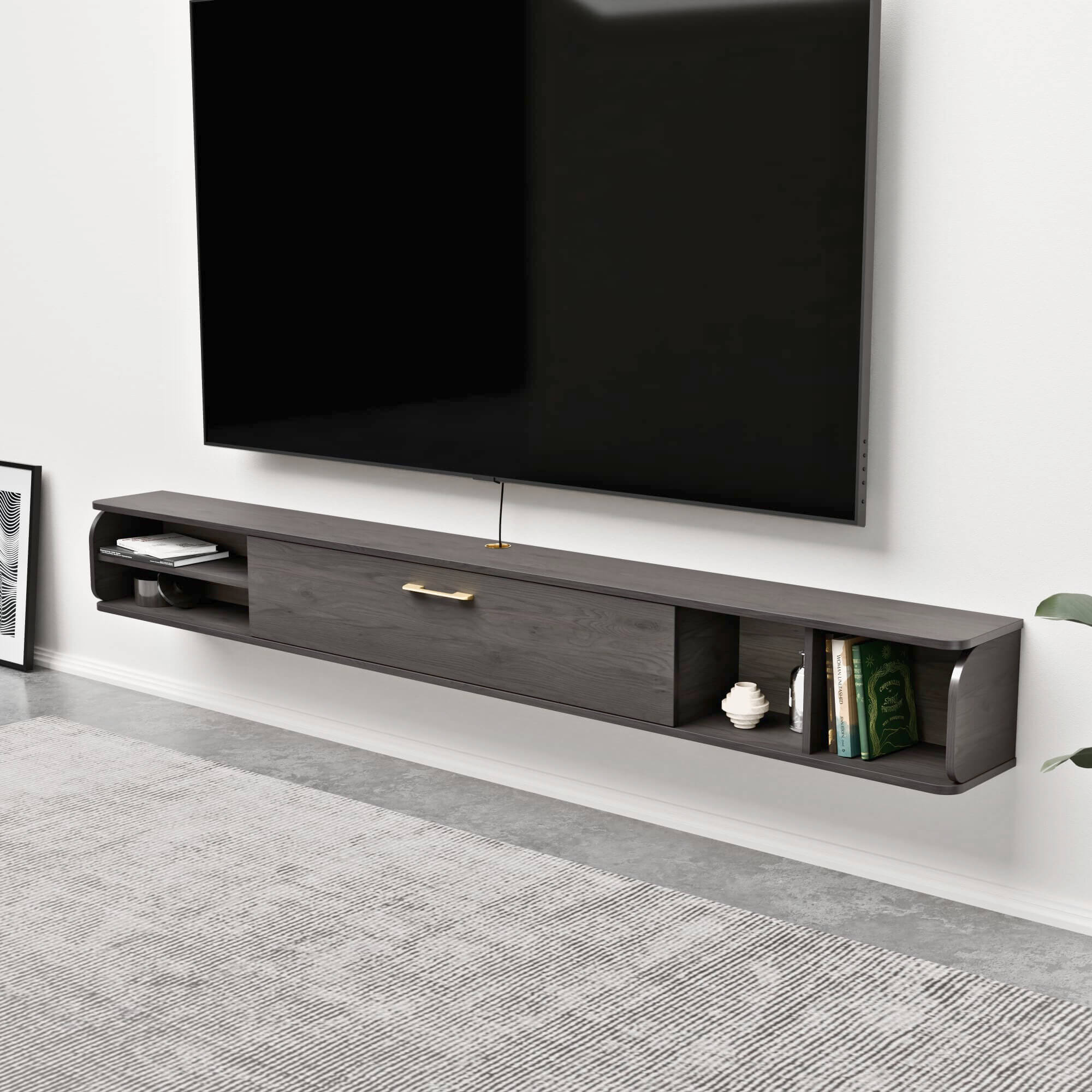Country Style Dark Grey Wooden Floating Entertainment Center for 90-100 inch TV, 94.48"W x 9.33"D x 10.55"H