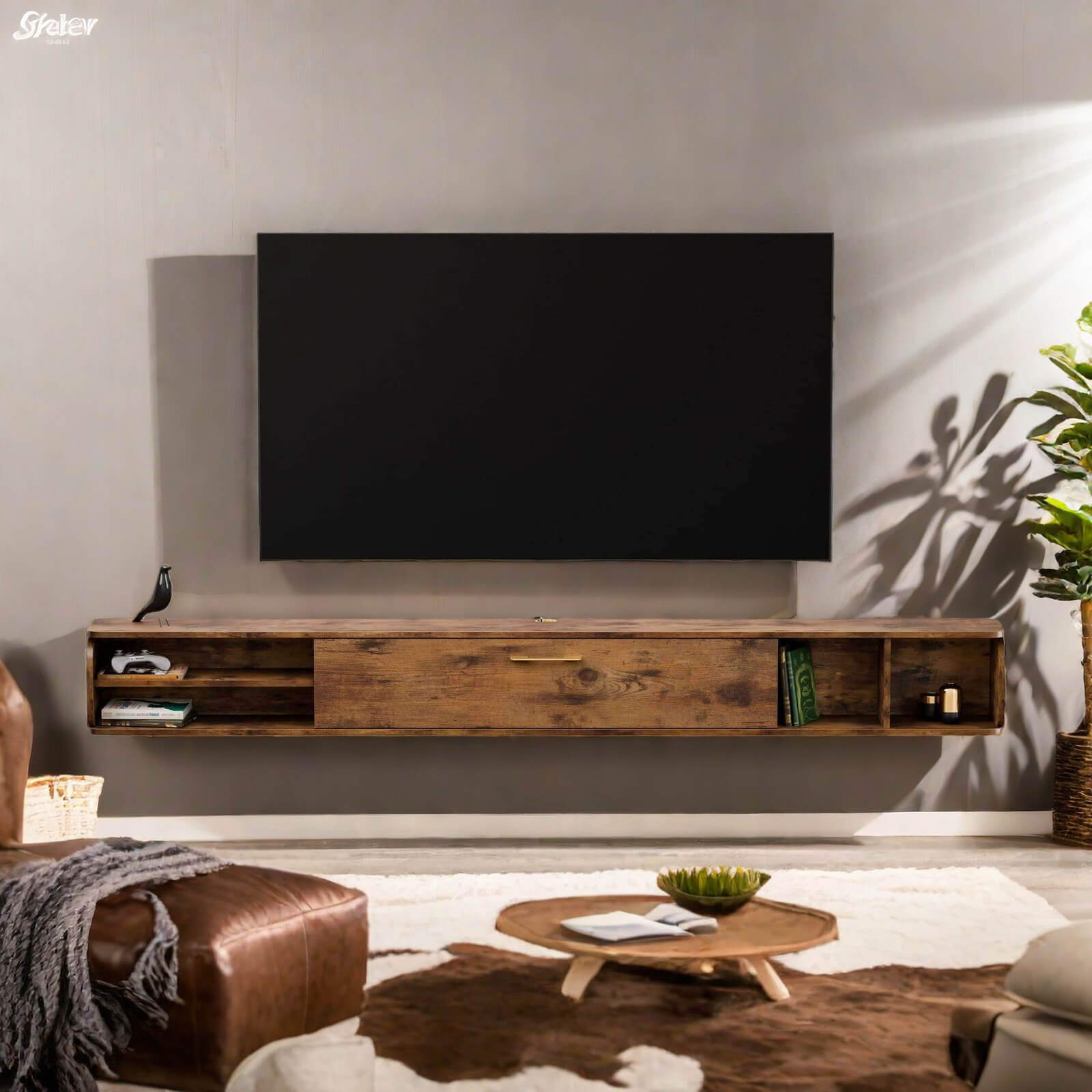 Modern Floating TV Stand Wall Shelf for 90” 100” TVs, Top-end Wooden Furniture for Hotel, Office, Dark Brown, 94.48"W x 9.33"D x 10.55"H