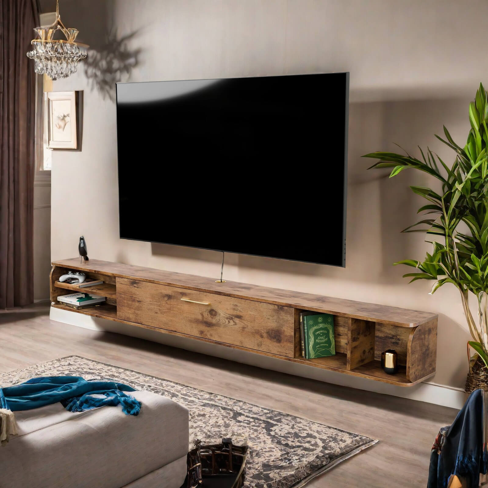 Contemporary Wall Hanging Media Console for 90” 100” Flat Screen, Rustic Brown Narrow Long Plywood Entertainment Shelf, 94.48"W x 9.33"D x 10.55"H