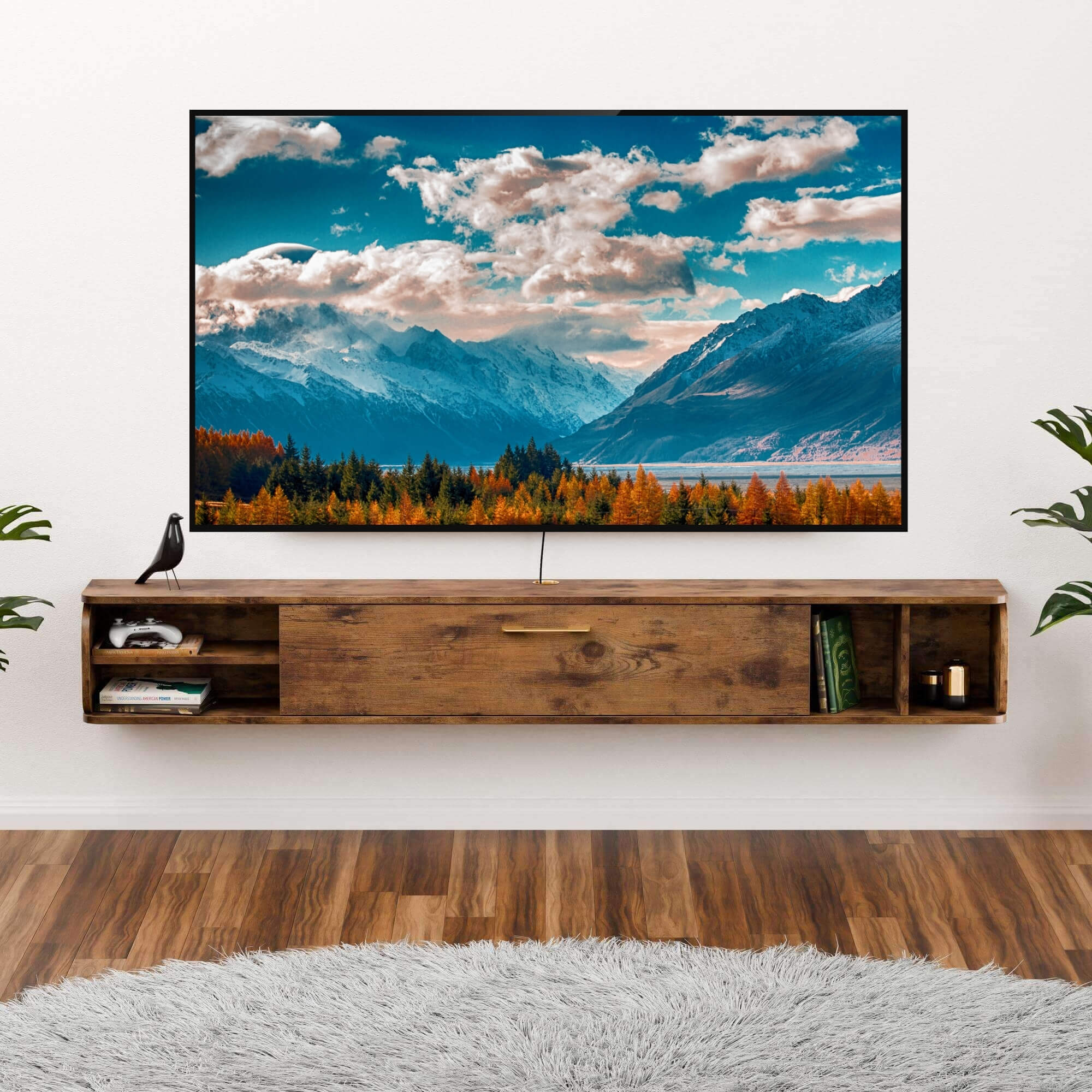 Dark Brown Rustic Wood Floating TV Stand, Modern Media Shelf for Wall Mounted 80” 85” TV with Door Storage, 75.98"W x 9.33"D x 10.55"H