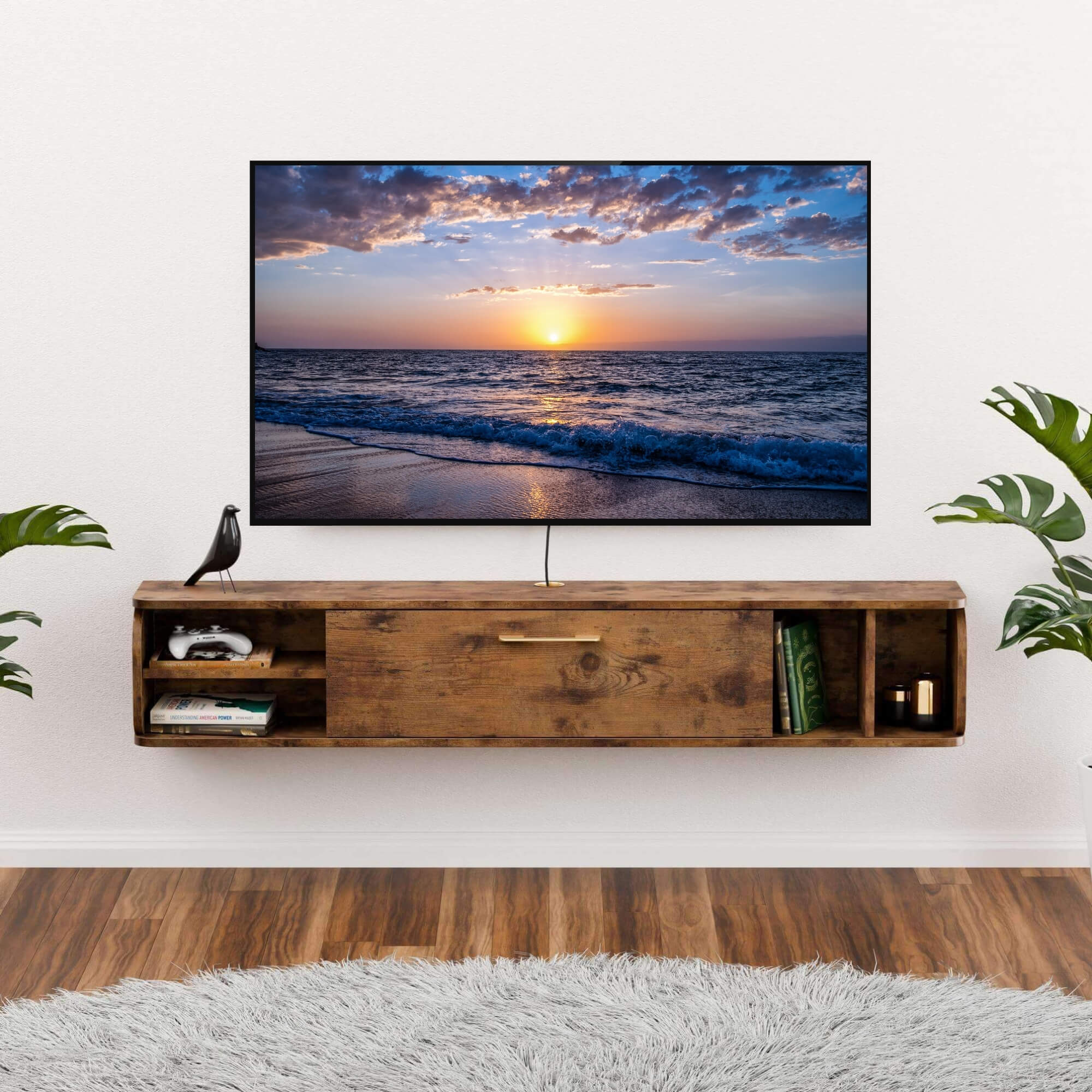 9.33” Deep Narrow Floating Entertainment Center for 55” 60” TVs, Low Profile TV Stand, Rustic Brown, 58"W x 9.33"D x 10.55"H