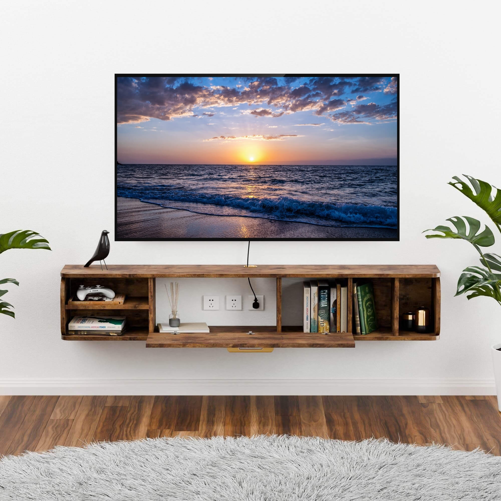 5 ft Farmhouse Wall Mounted Entertainment Unit, Mid-century Floating TV Track for 55” 60” TVs, Dark Brown, 58"W x 9.33"D x 10.55"H