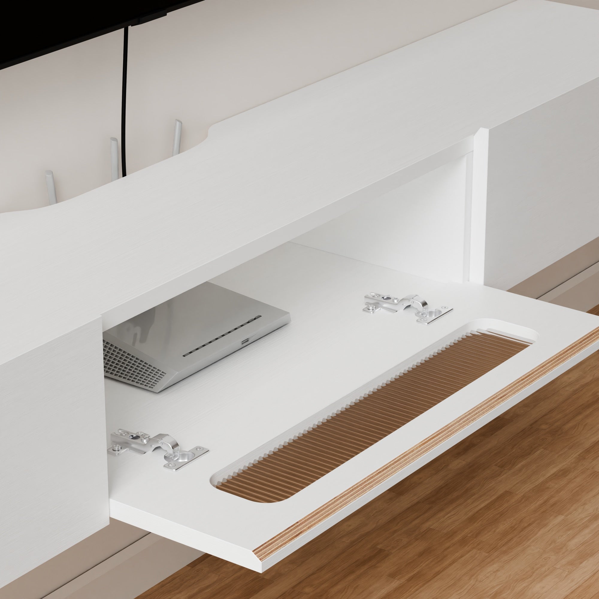 floating media console with cable management #color_white