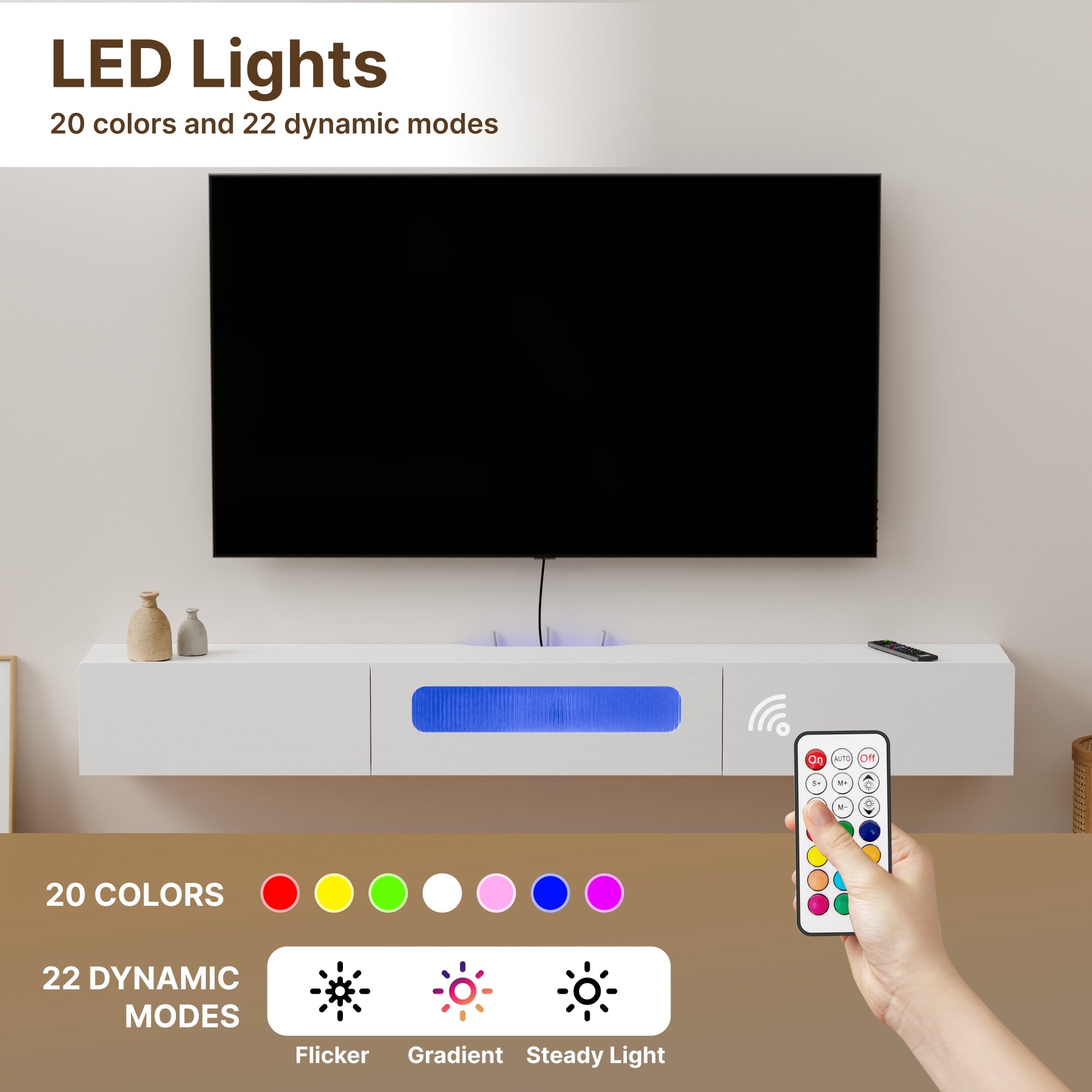 modern wood floating tv stand with led lights #color_white