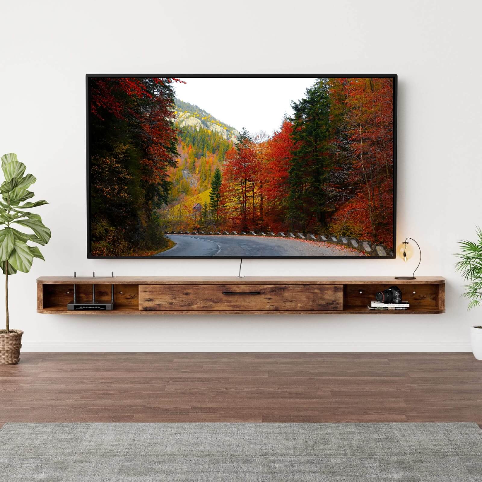 Modern Rustic Brown Wood Narrow Floating TV Stand Wall Shelf for 85-100 inch TVs, 94.48"W x 9.29"D x 6.29"H