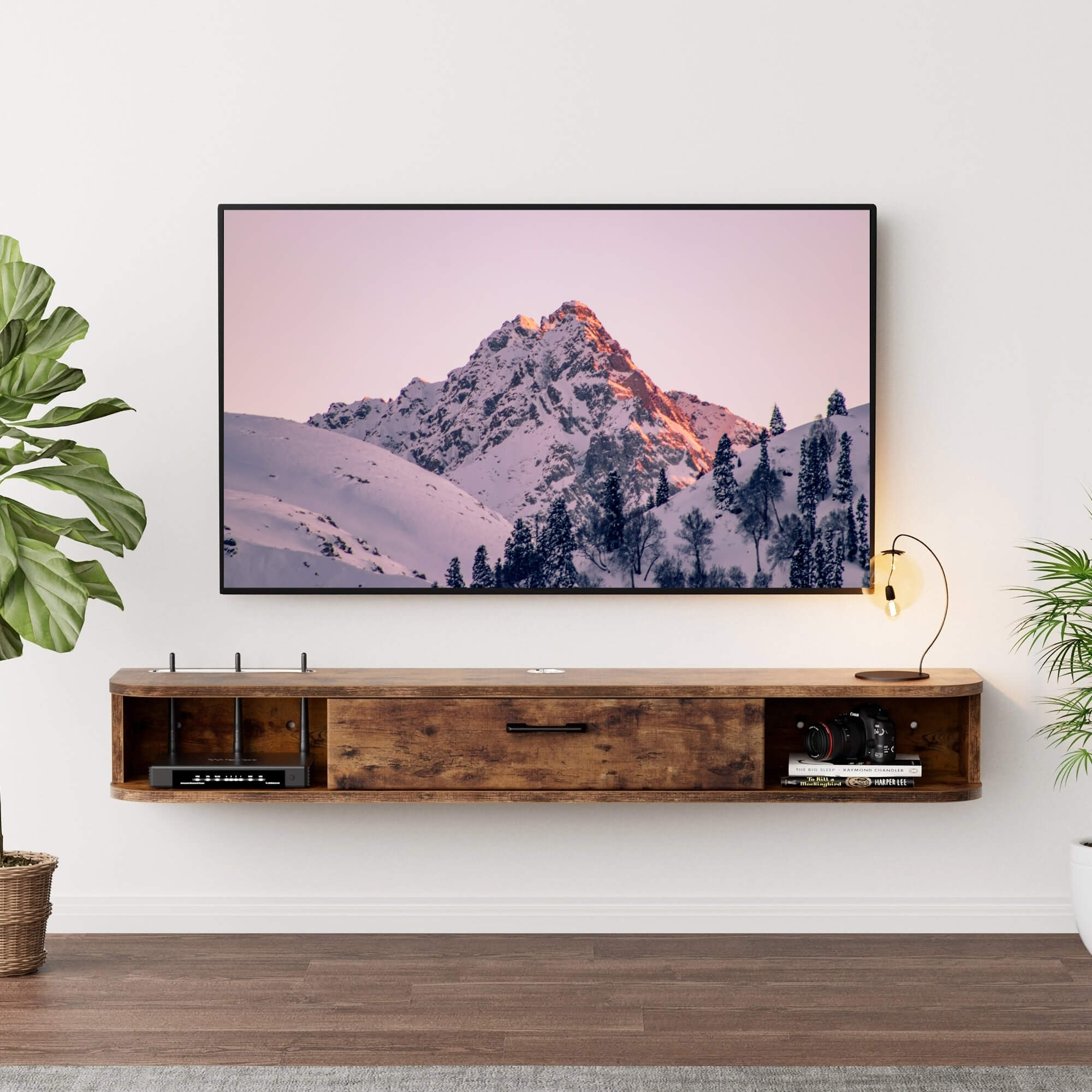 Modern Rustic Wood Narrow Floating TV Stand Shelf for 50” TVs,Small Wall Mounted Entertainment Center, Media Console, TV Cabinet, Dark Brown