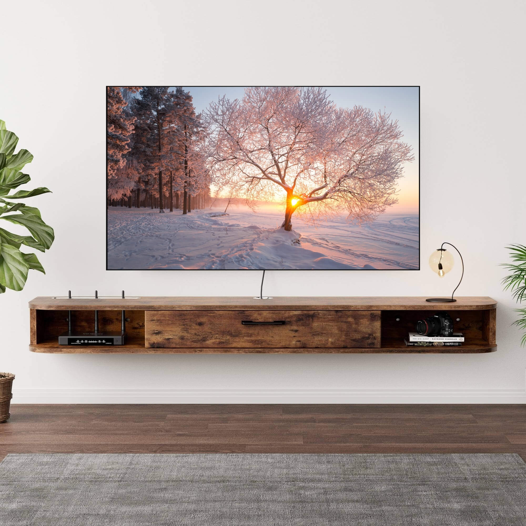5ft Floating Shelf for a TV up to 70 Inch with Cable Management to Hide Cord and Wires, Dark Brown Wood Mantel Shelf with Media Storage