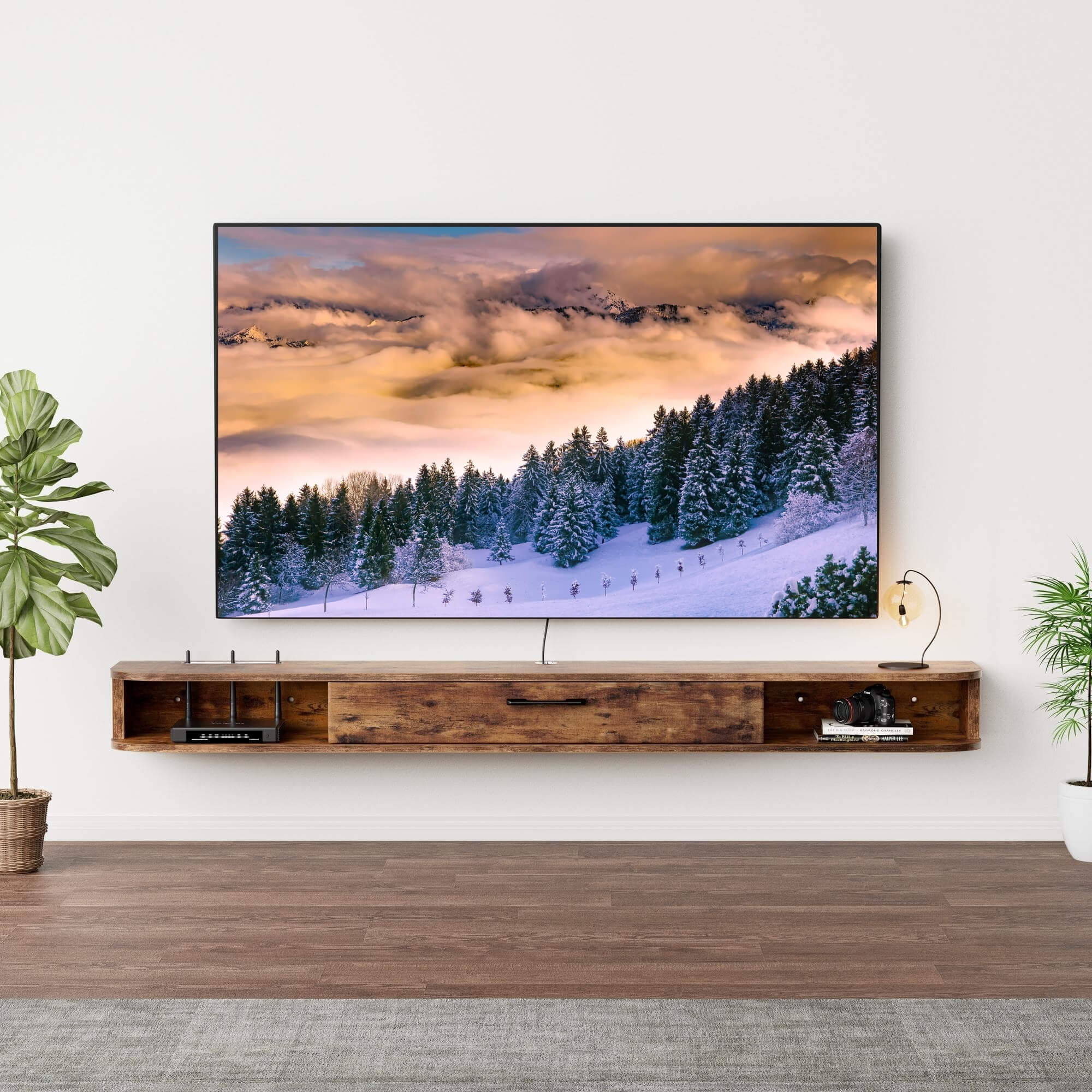 Rustic Brown Modern Wood Floating TV Stand forWall Mounted 75” 80” Flat Screen with Door Storage,70.86"W x 9.29"D x 7.13"H
