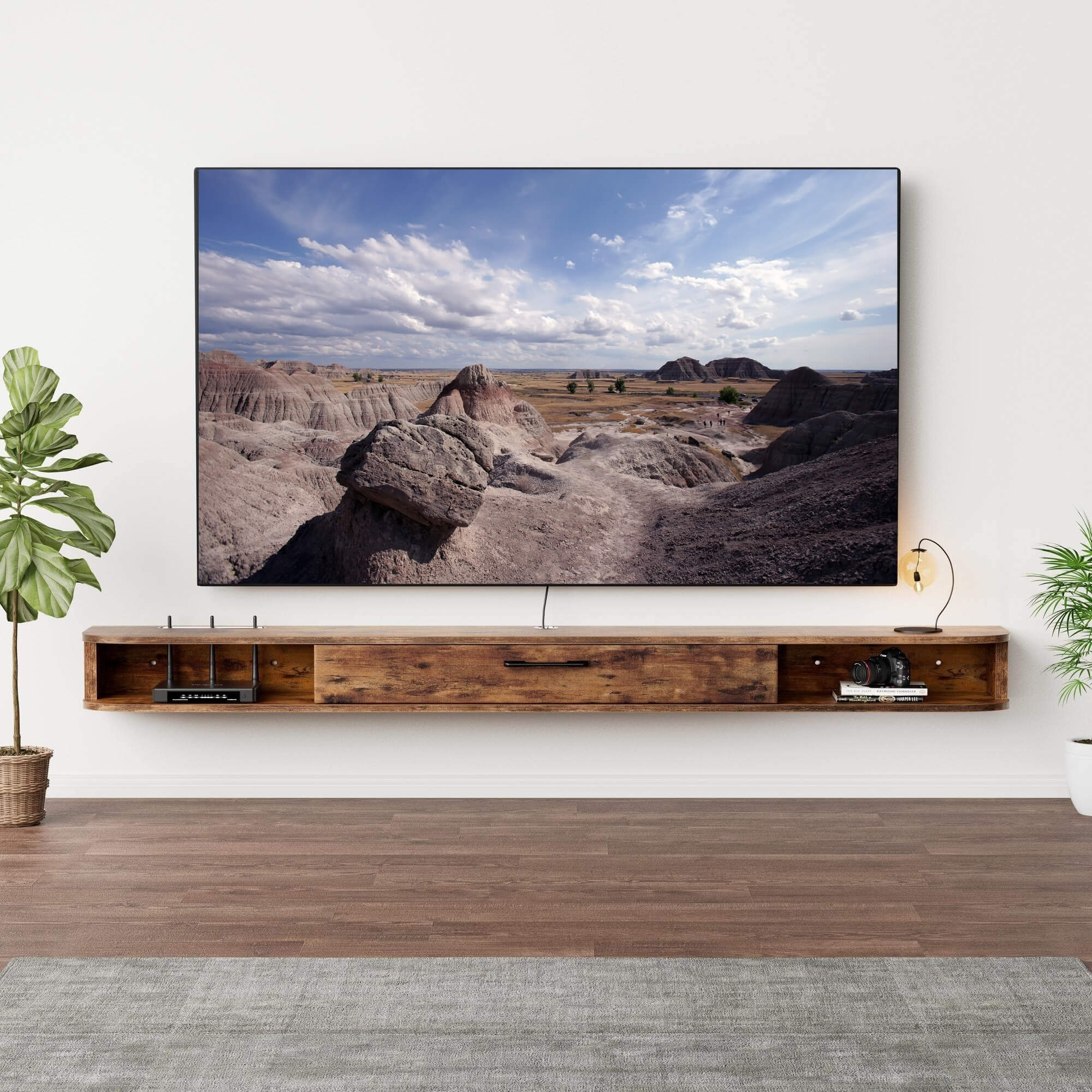 Minimalist Rustic Brown Wood Narrow Floating TV Stand Wall Shelf for 75-85 inch TVs, 78.74"W x 9.29"D x 6.29"H