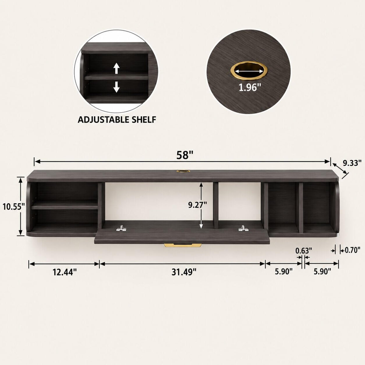 58" Prima Floating TV Stand, Rustic Grey (Backorder)