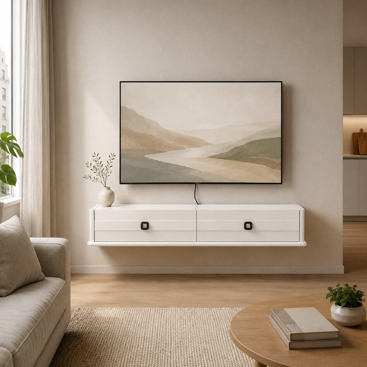 51.18″ Polara Floating TV Stand, High Gloss White