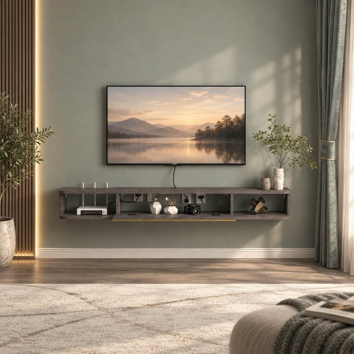 55" Slendera Floating TV Stand, Marble Grey