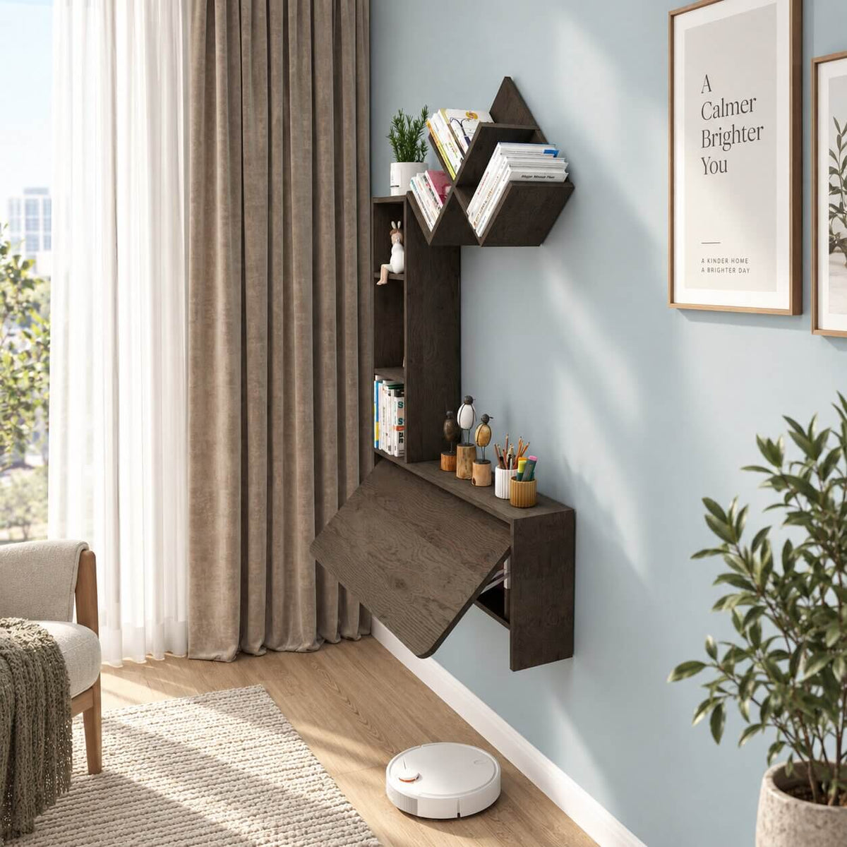 Grey Wall Mounted Fold Down Desk with Free Matching Shelves