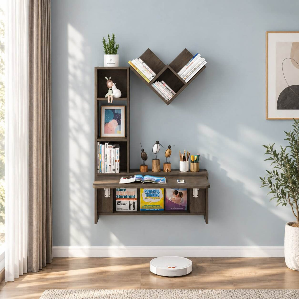 Grey Wall Mounted Fold Down Desk with Free Matching Shelves