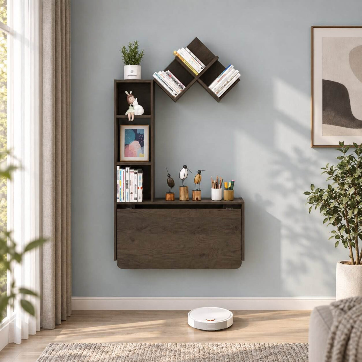 Grey Wall Mounted Fold Down Desk with Free Matching Shelves