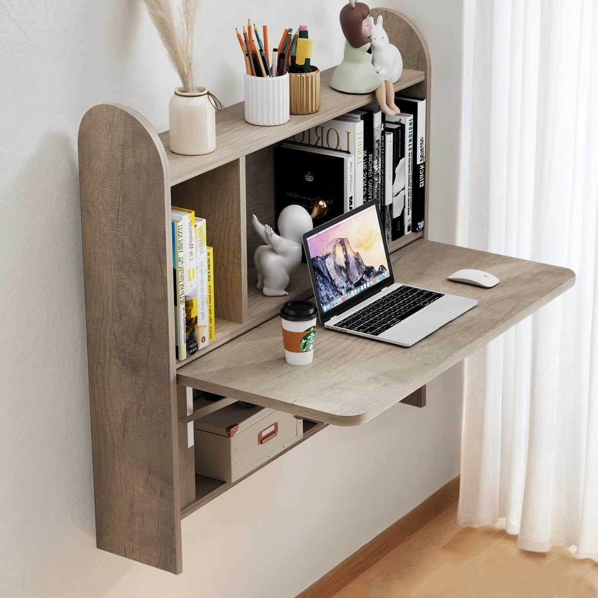 Griege Plywood Wall Mounted Fold Down Desk with Storage Shelf (Backorder)