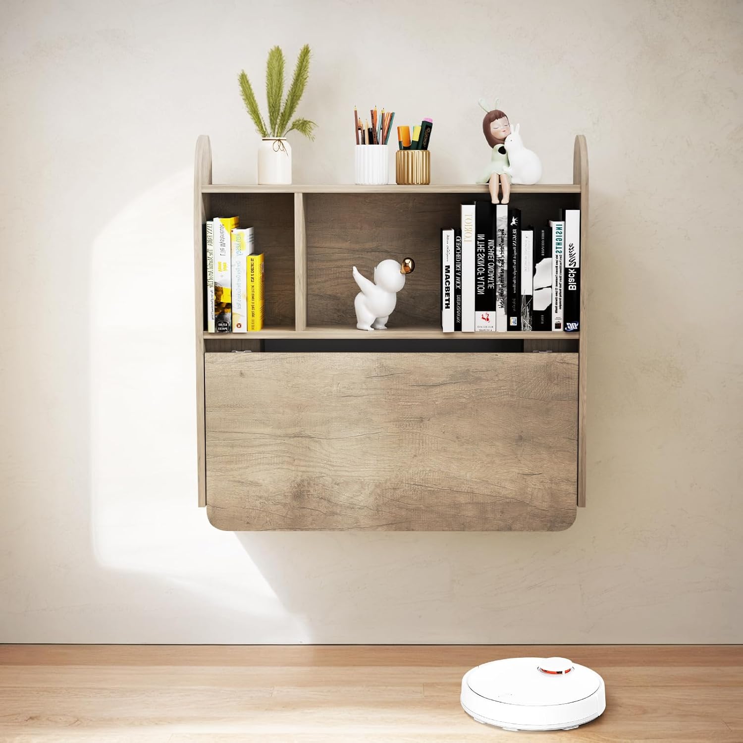 Griege Plywood Wall Mounted Fold Down Desk with Storage Shelf (Backorder)