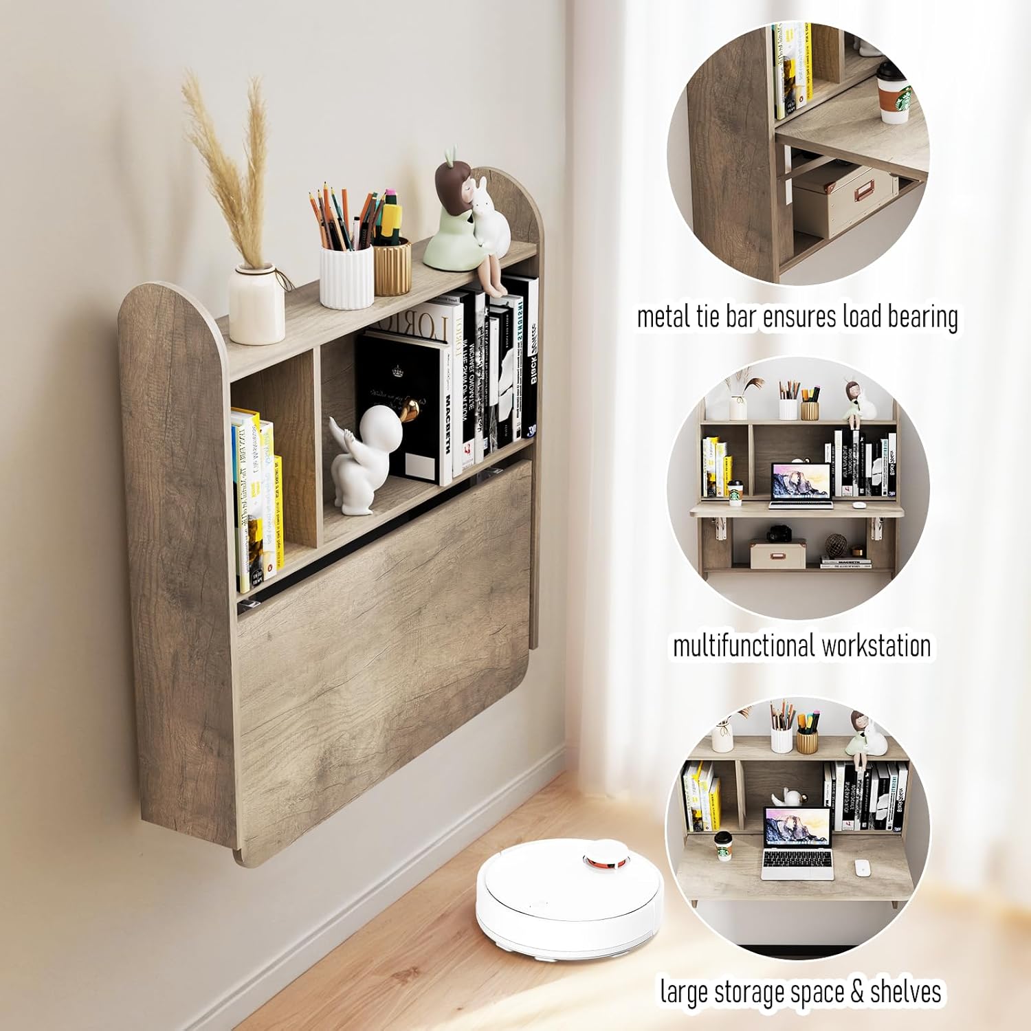 Griege Plywood Wall Mounted Fold Down Desk with Storage Shelf (Backorder)