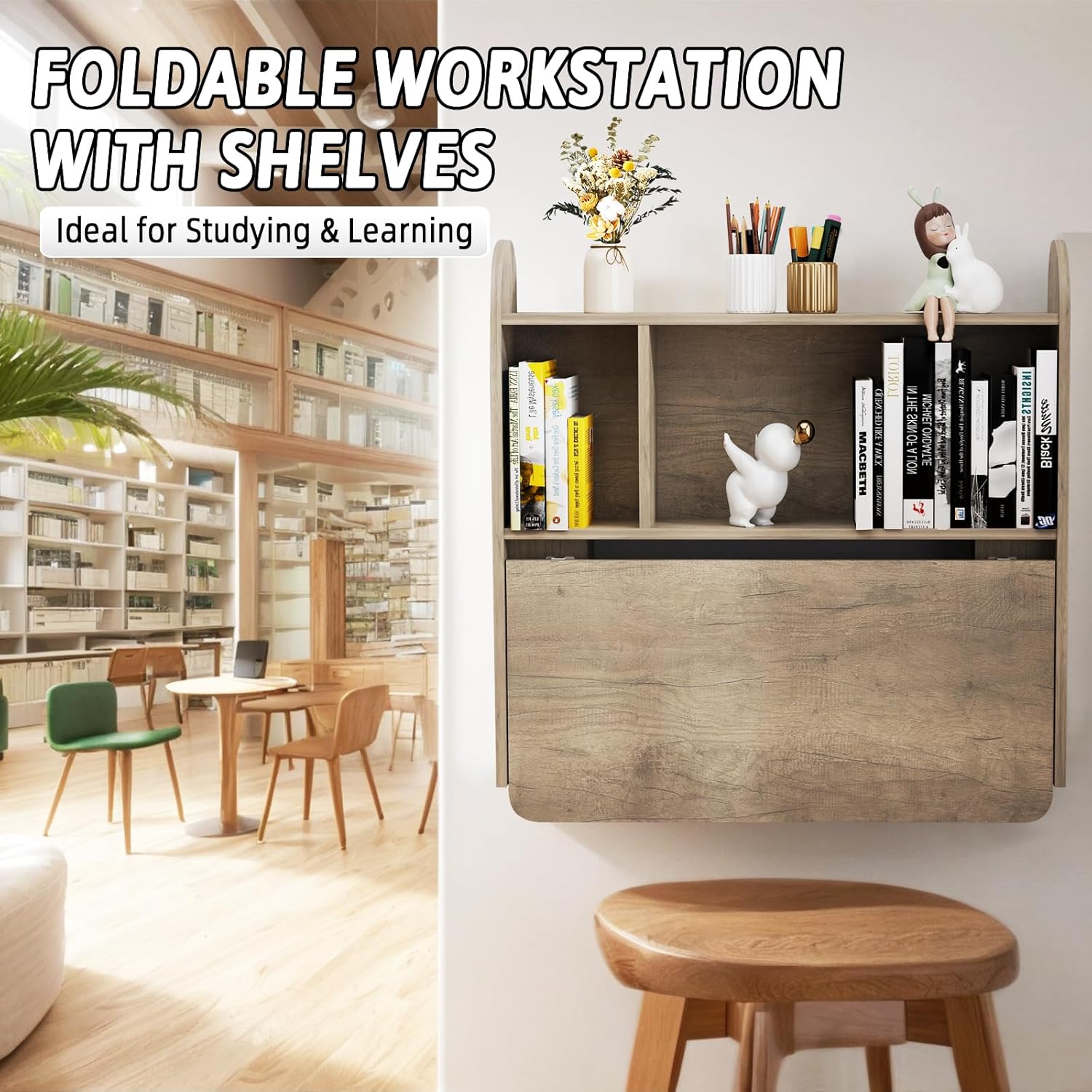 Griege Plywood Wall Mounted Fold Down Desk with Storage Shelf (Backorder)