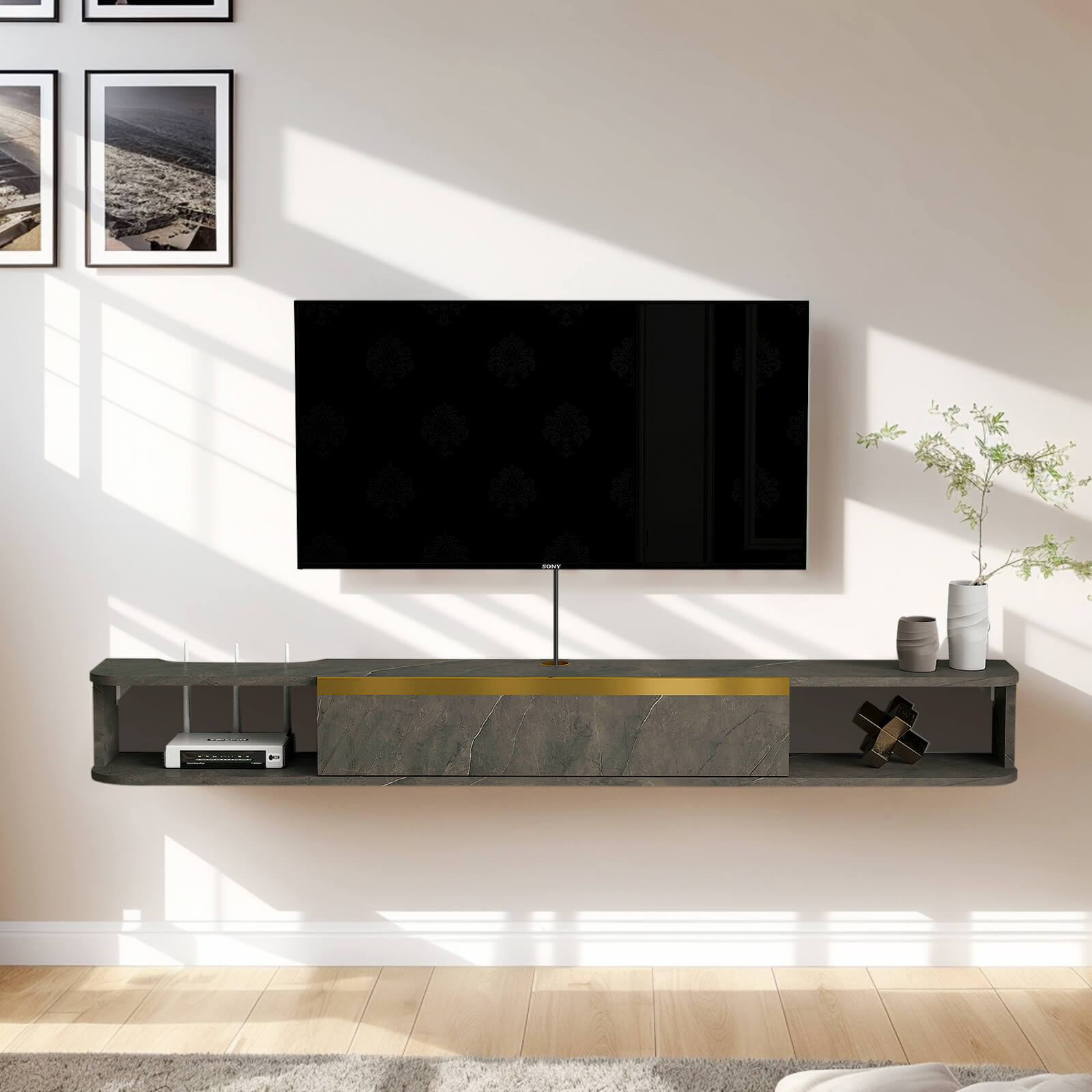 Modern Wall Mounted Plywood Floating TV Stand Shelf with Large Flip-down Door  #color_marble grey