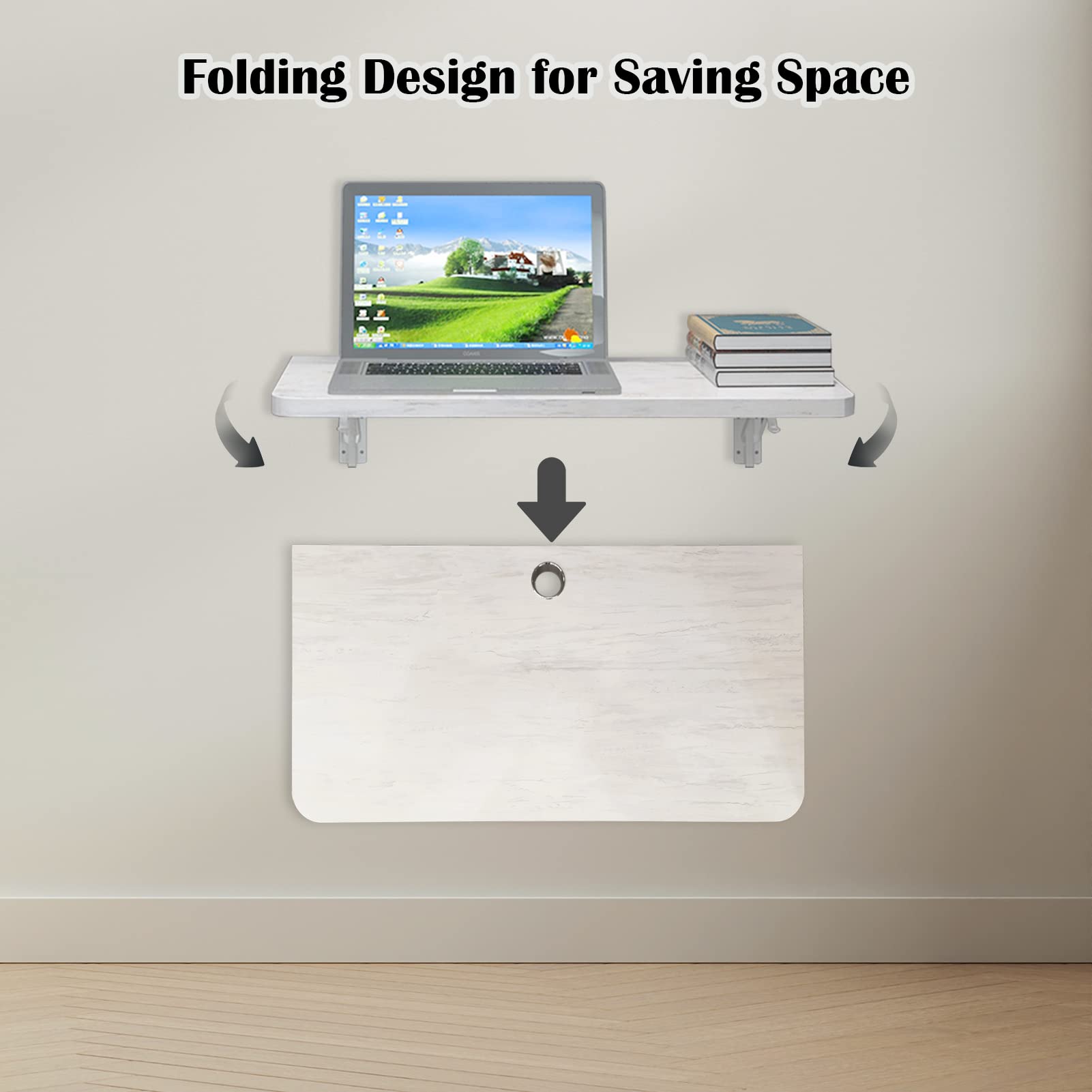 Minimal Floating Computer Desk with Drop Leaf Table #color_greyish white