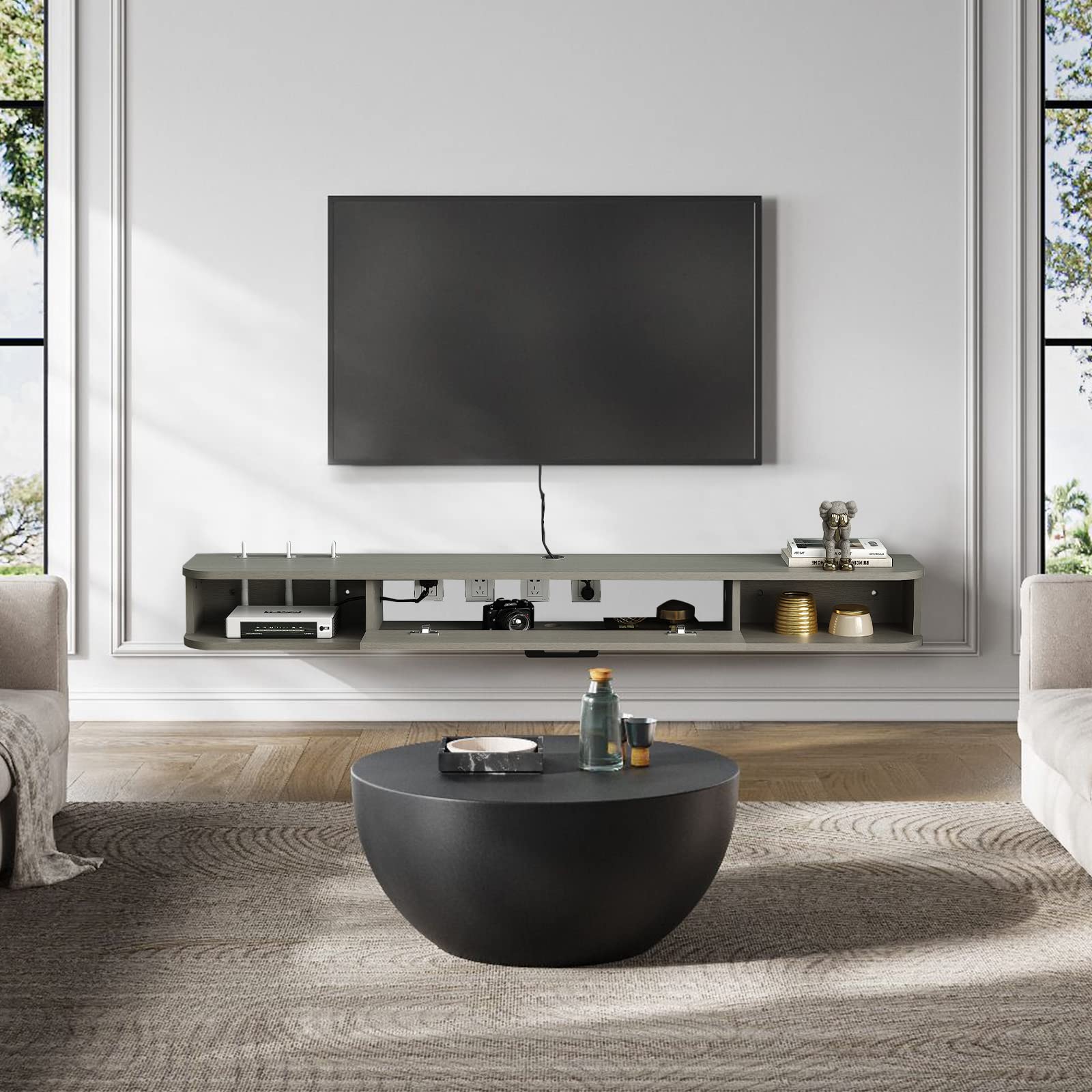 Plywood Wall Mounted Floating TV Stand with Large Door #color_light grey oak
