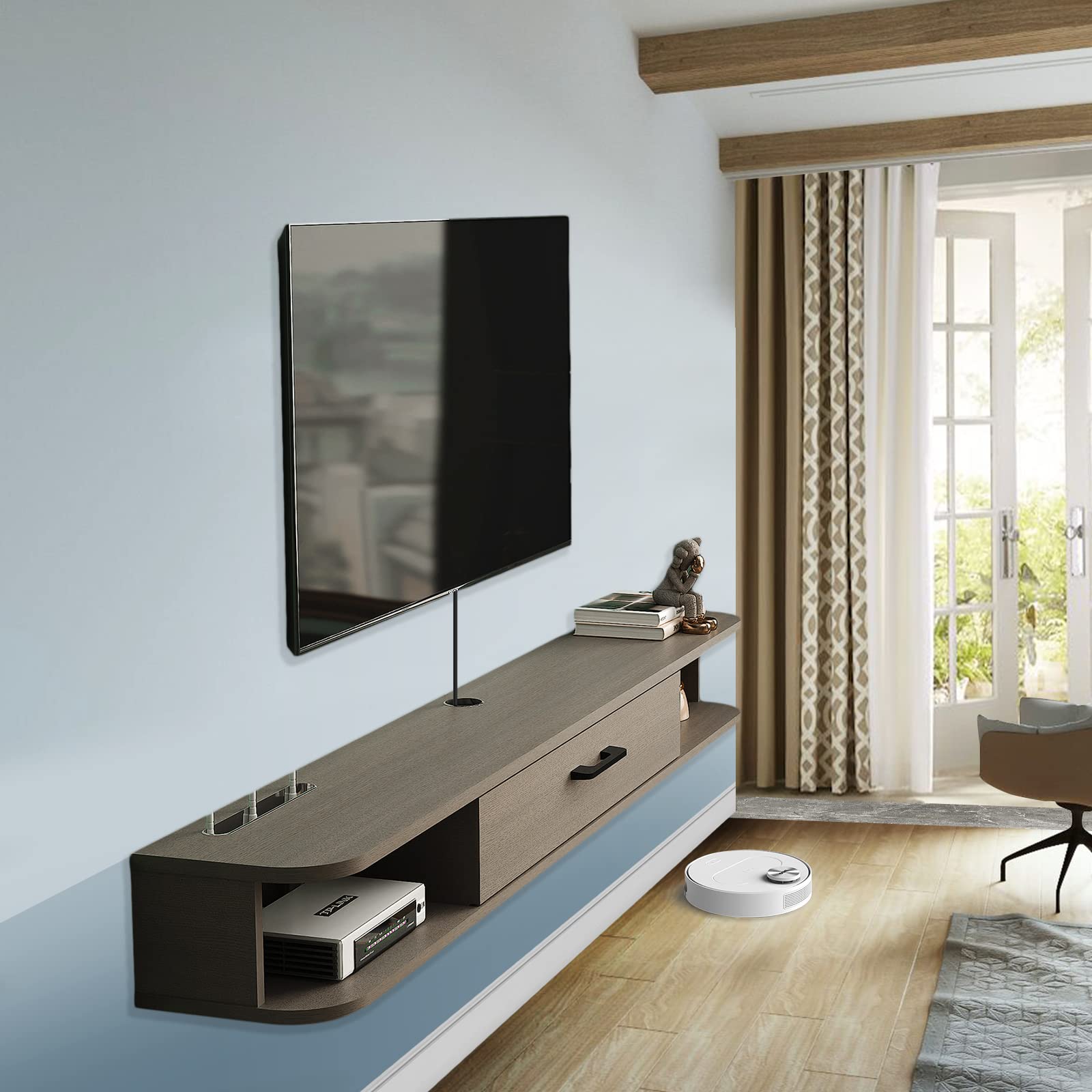Plywood Wall Mounted Floating TV Stand with Large Door #color_light grey oak