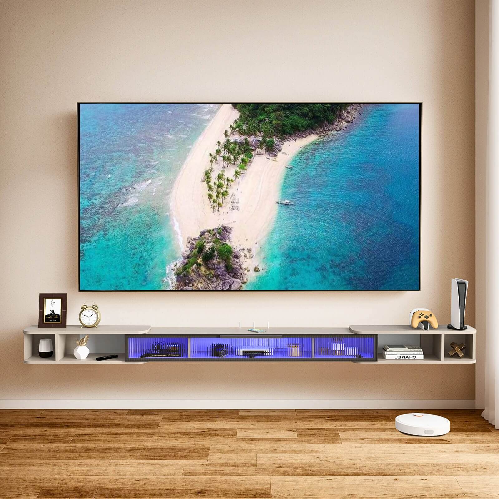 Retractable Grey Modern Wood Floating Media Console for 85 90 95 100 Inch TVs, Slim Wall Mounted Entertainment Shelf with LED Lights Glass Door