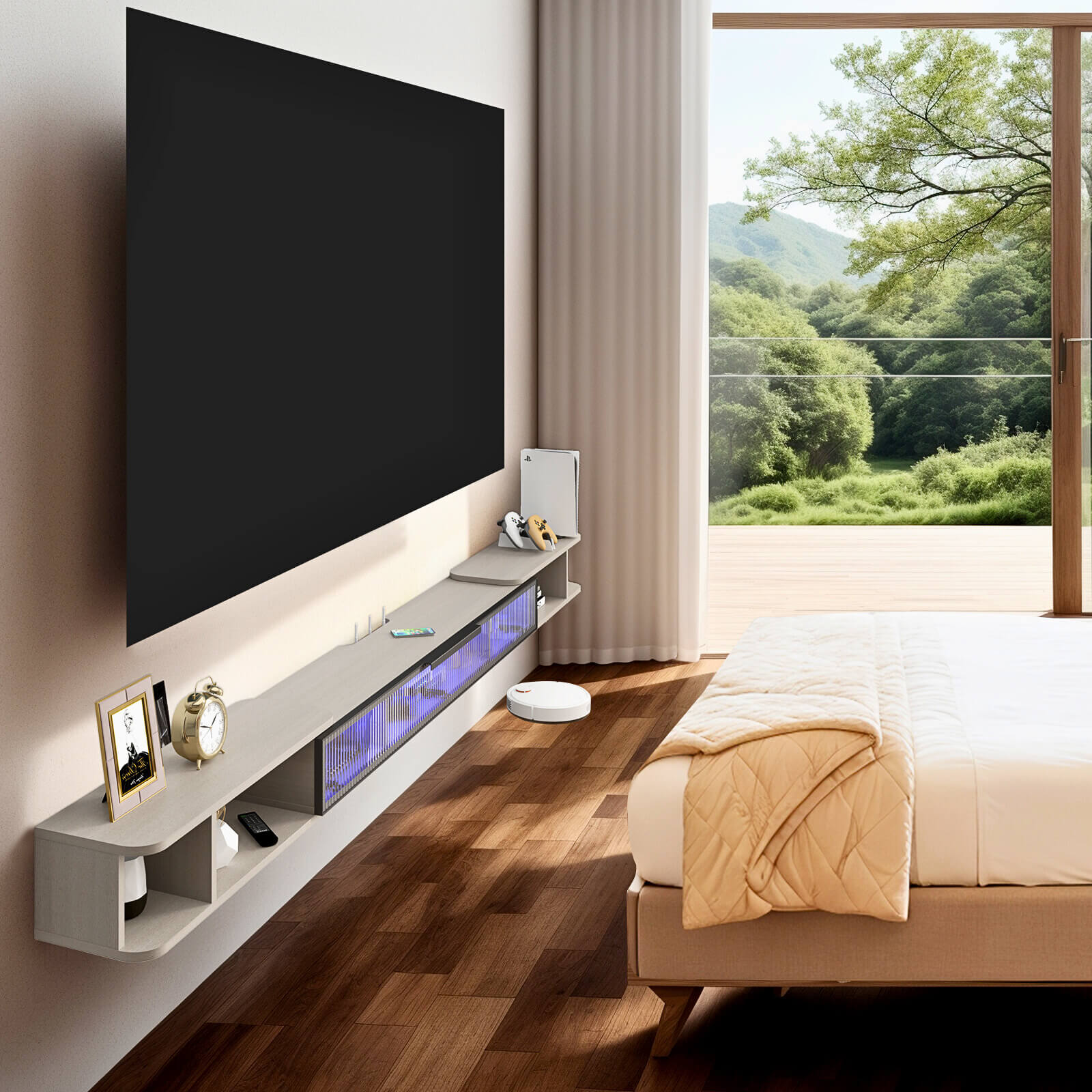 Extendable Light Grey Wall Mounted Entertainment Center for 85 90 95 100 Inch TVs, Hanging Narrow TV Console Shelf with LED Lights Glass Door Storage