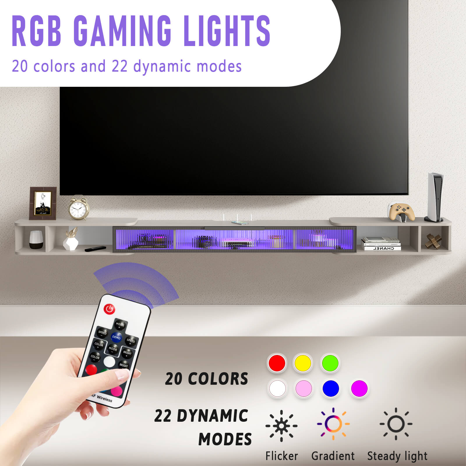 Retractable Grey Modern Wood Floating Media Console for 85 90 95 100 Inch TVs, Slim Wall Mounted Entertainment Shelf with LED Lights Glass Door