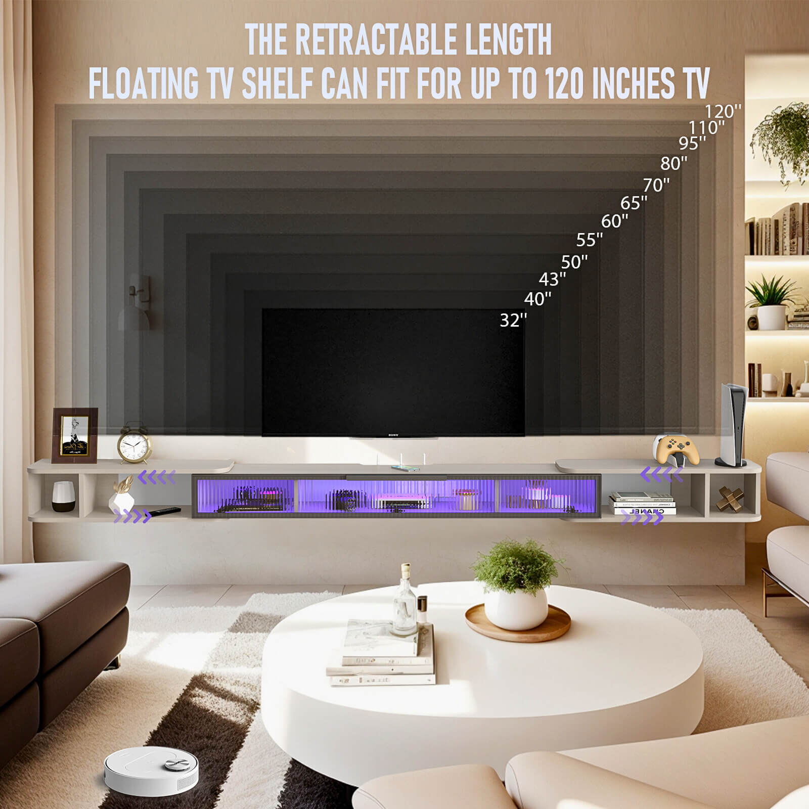 Extendable Light Grey Wall Mounted Entertainment Center for 85 90 95 100 Inch TVs, Hanging Narrow TV Console Shelf with LED Lights Glass Door Storage